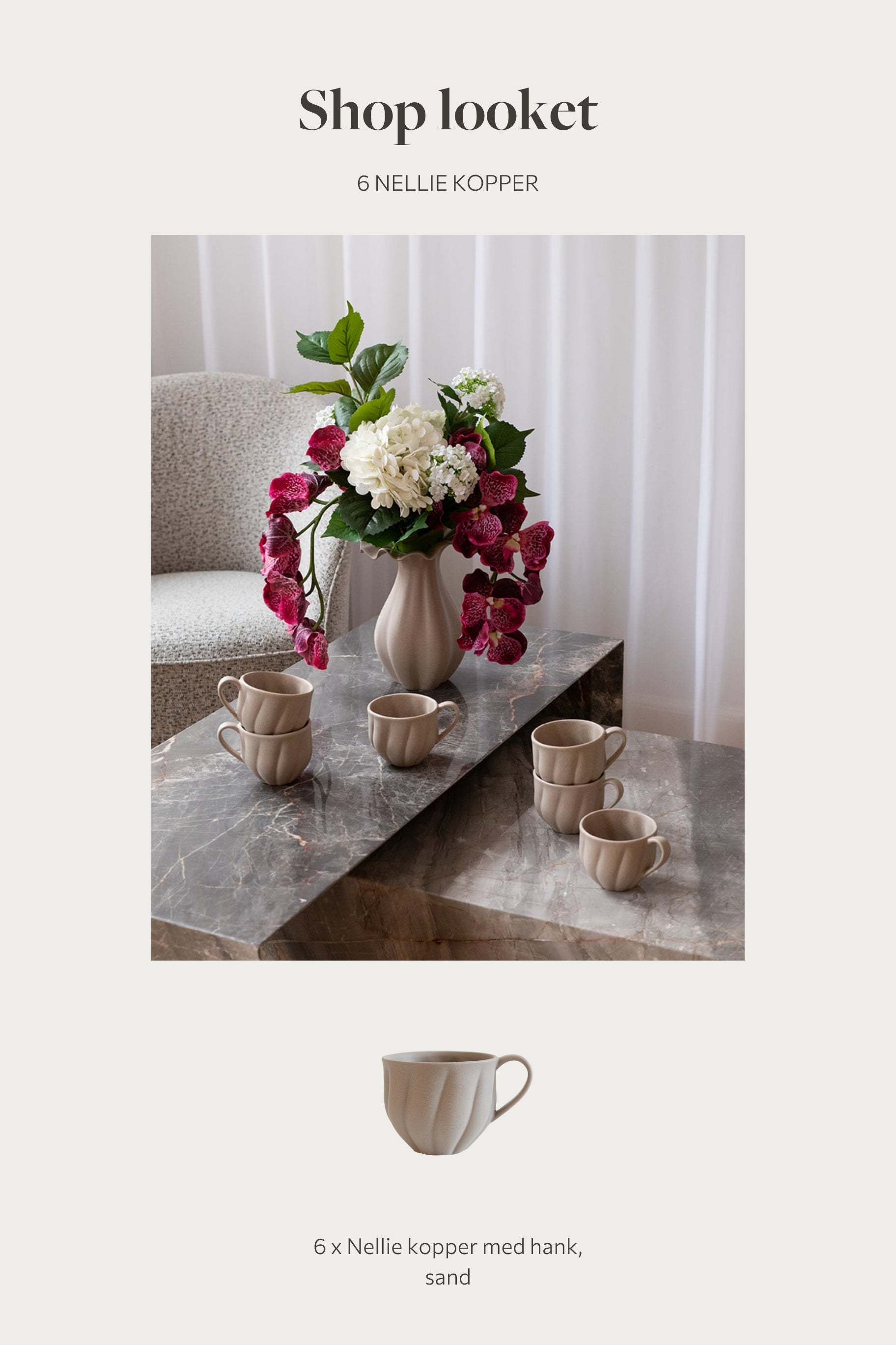 Shop looket - 6 Nellie kopper med hank - Sand