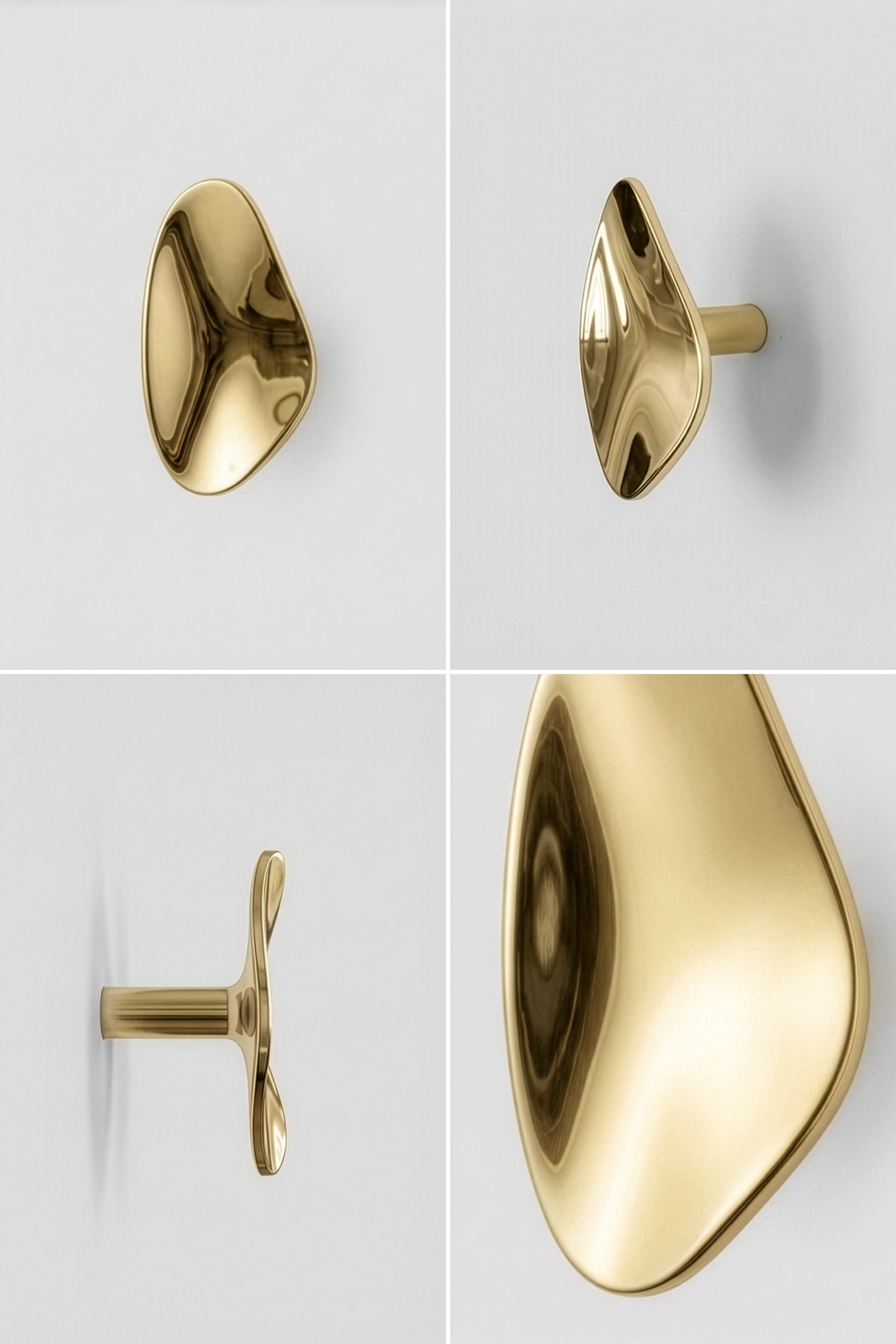 Amalia metalknagen i mini i den aflange form i guld, set fra forskellige vinkler. Knagen har en blank, guld overflade og en organisk form.