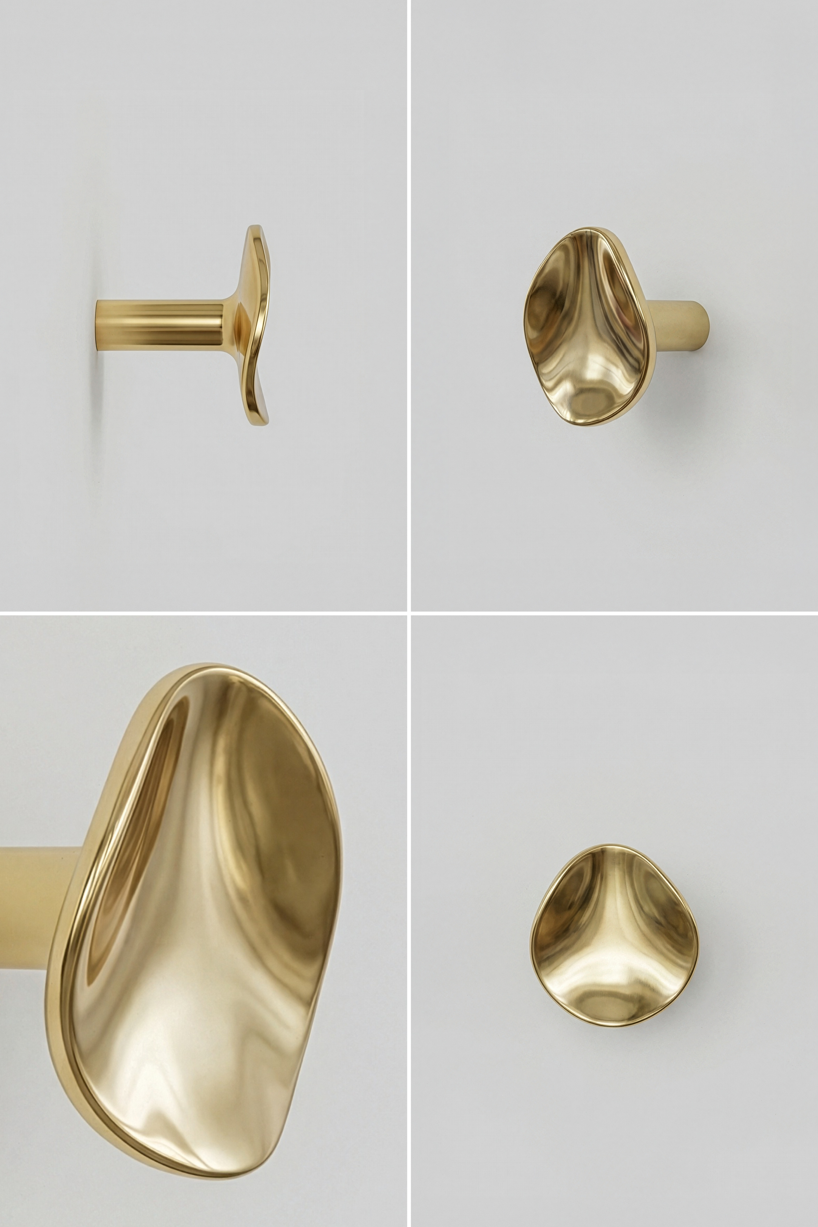 Amalia metalknagen i mini i den runde, organiske form i farven golden. Knagen ses fra forskellige vinkler. Knagen er blank guld og fra Specktrum.