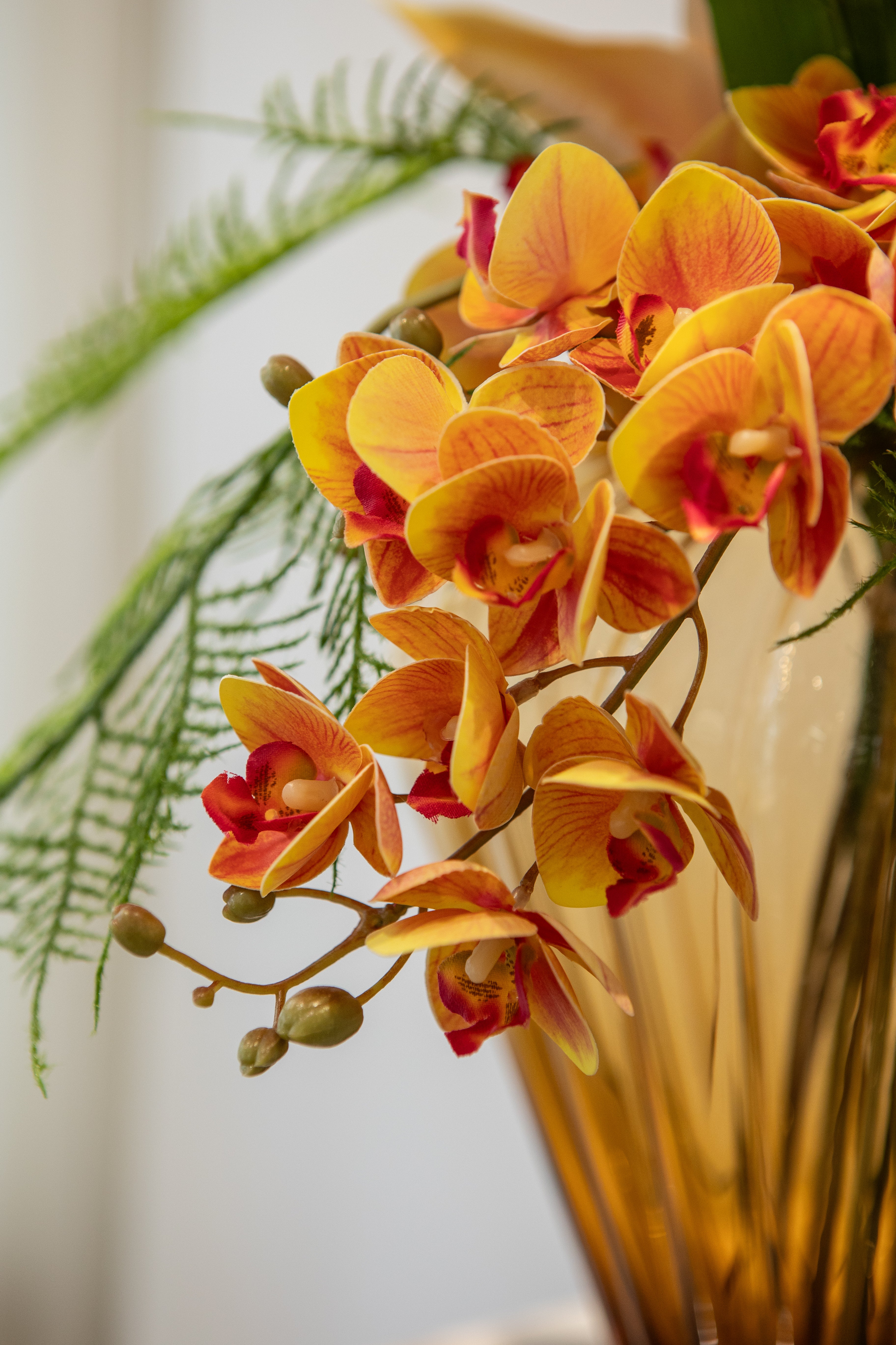 Nærbillede af en orange orkidé i en amberfarvet vase.