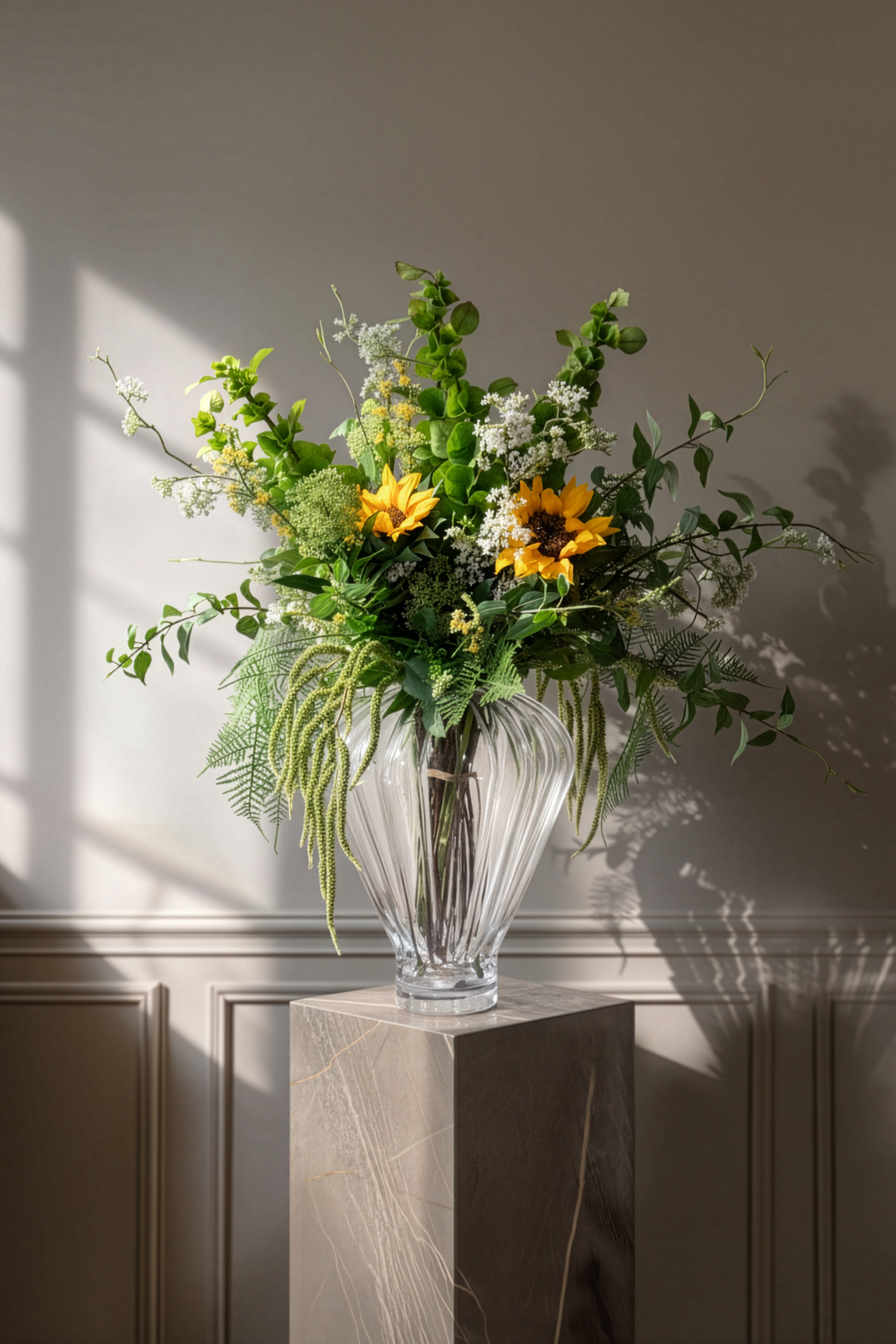 Sommerlig buket i grønne og gule nuancer.