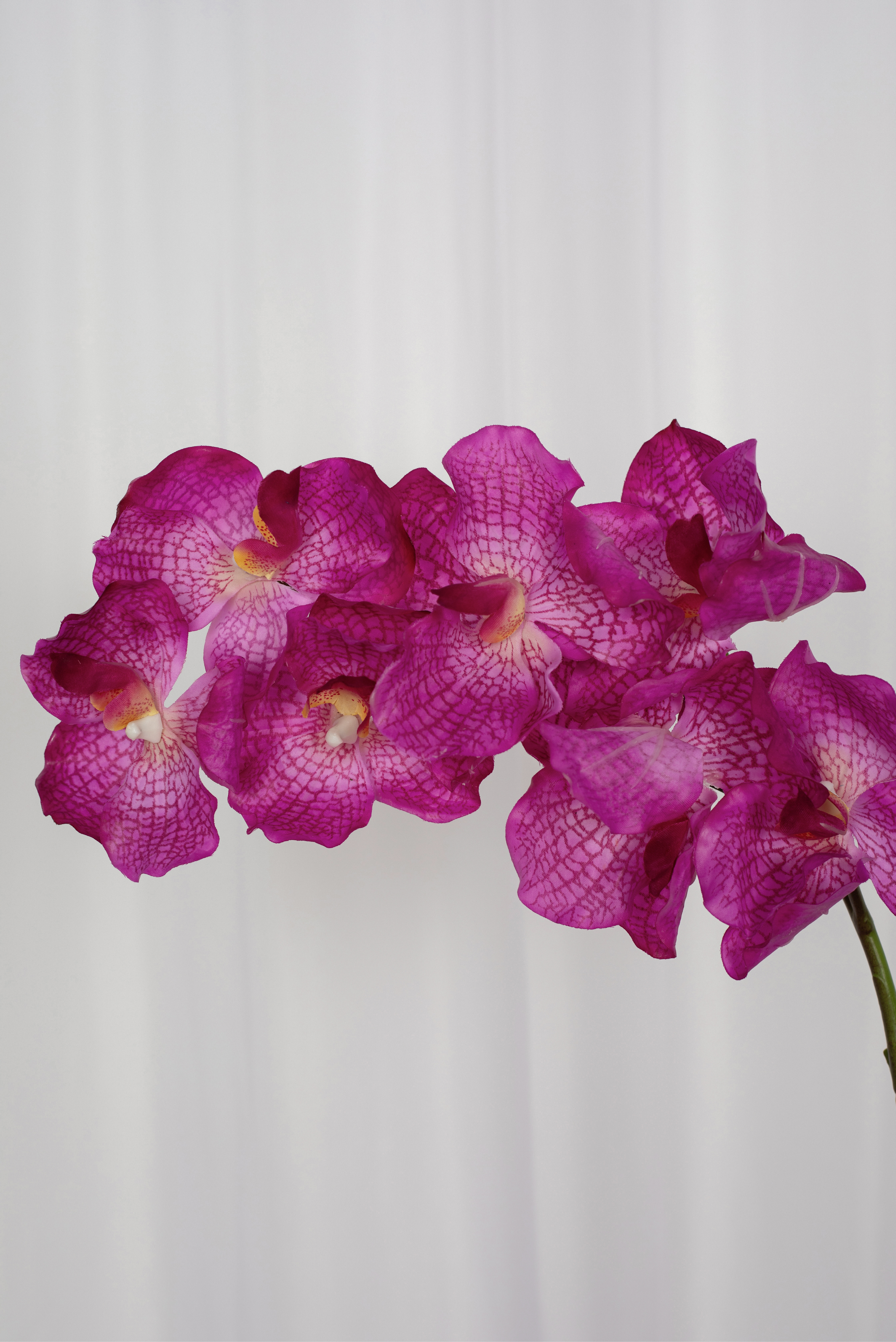 Detaljebillede af kunstig orkide i pink med 7 hoveder.