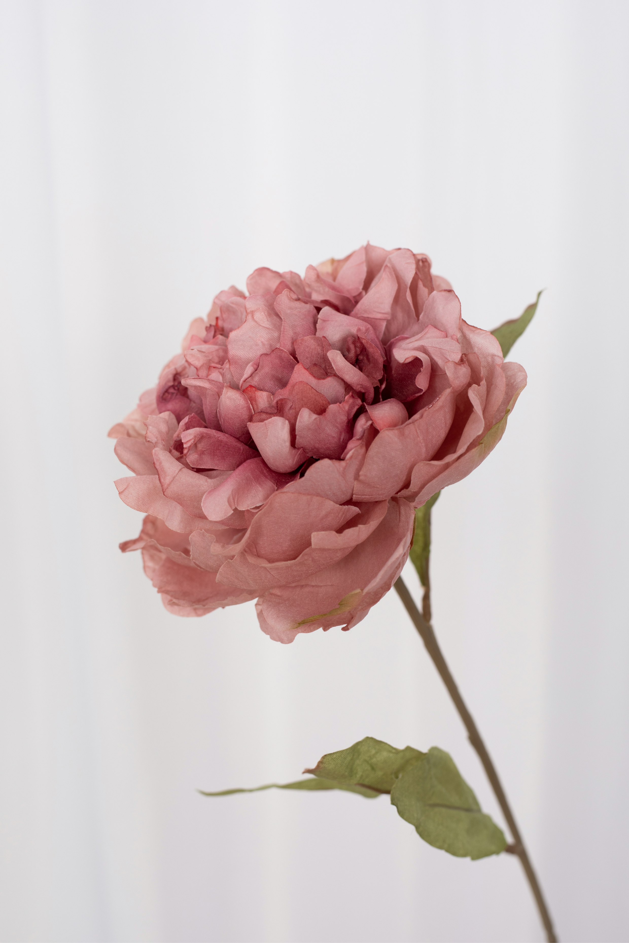 Detaljebillede af kunstig pæon i en pink farvenuance.