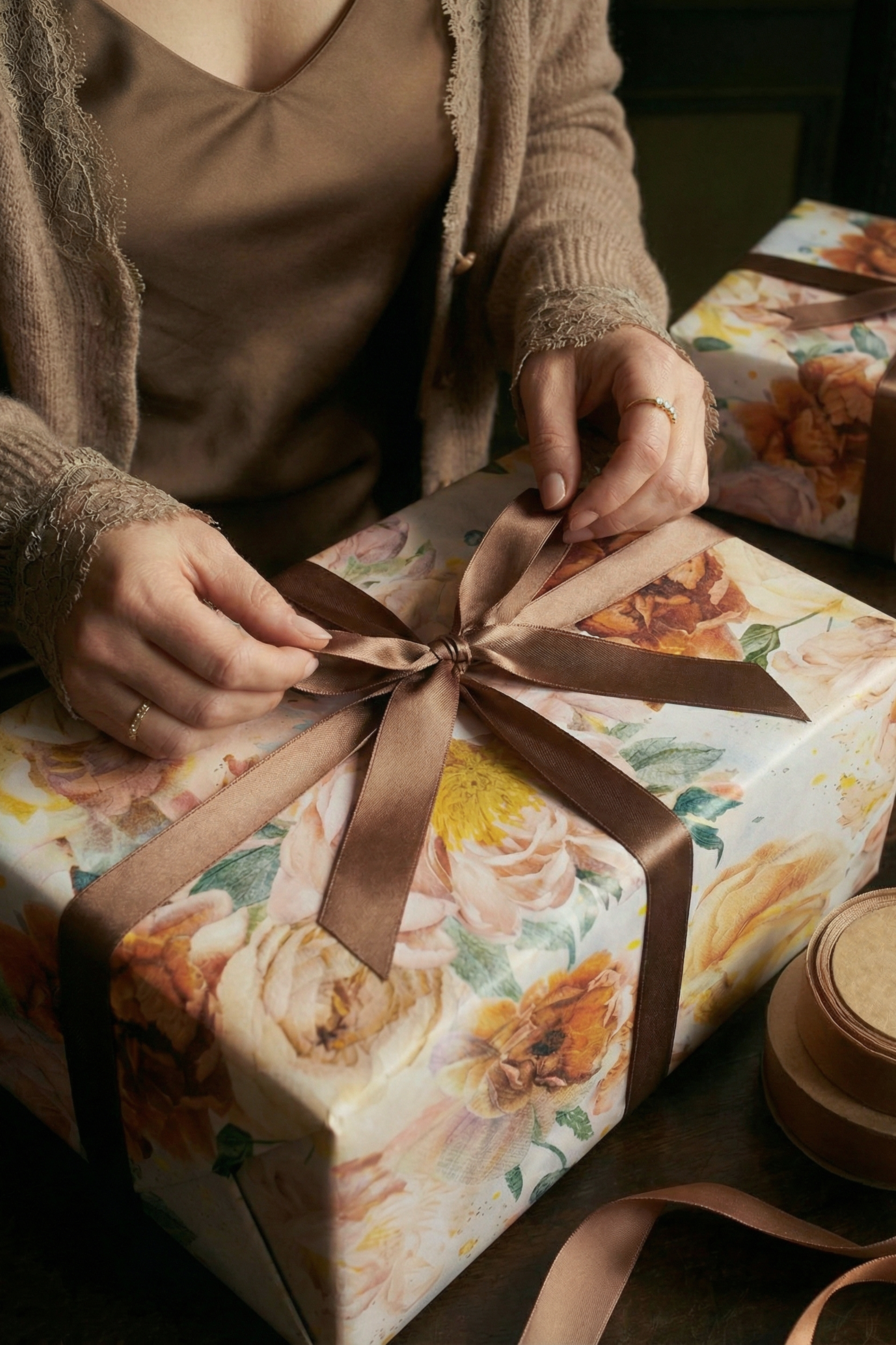 Kvinde, der pakker gave ind med gavepapir fra Specktrum.