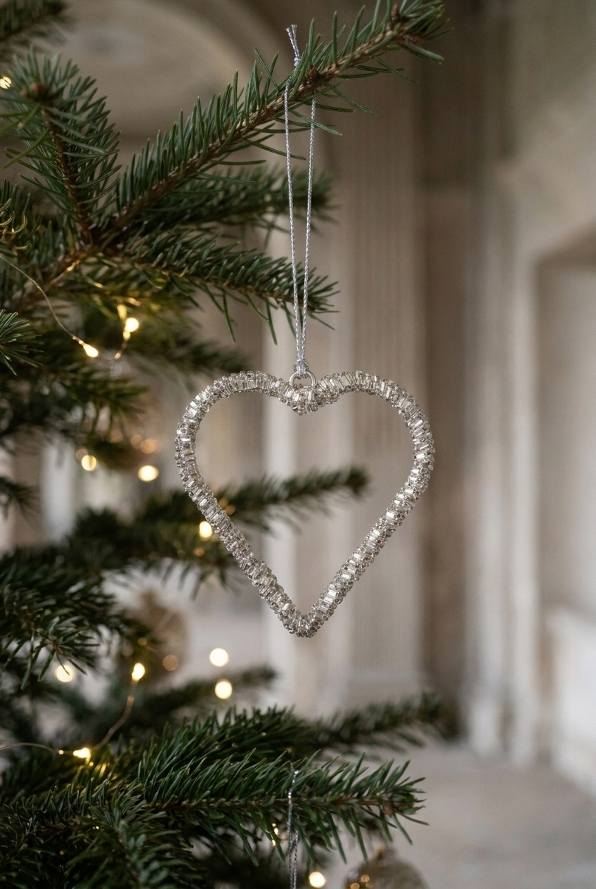Lille ophæng i sølv perler, der er formet som et hjerte. Hjertet hænger på et juletræ.