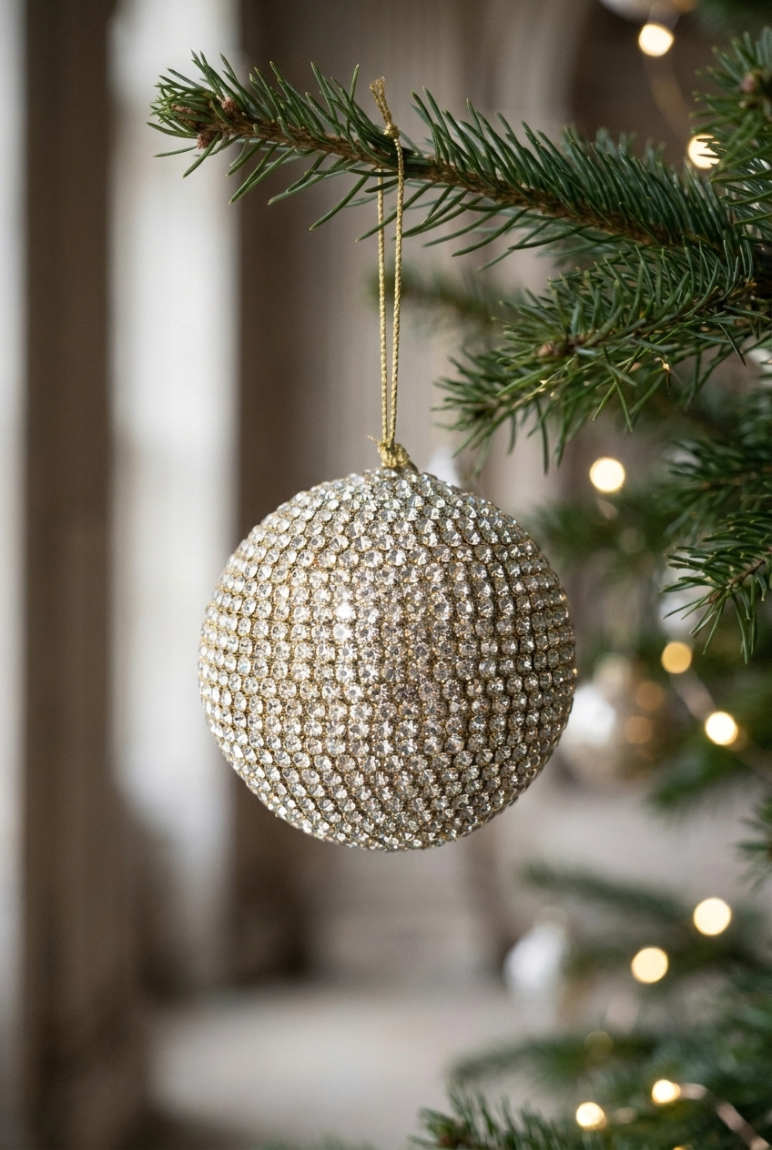 Julekugle i guld dækket med rhinsten. Julekuglen hænger på en grangren på et juletræ.