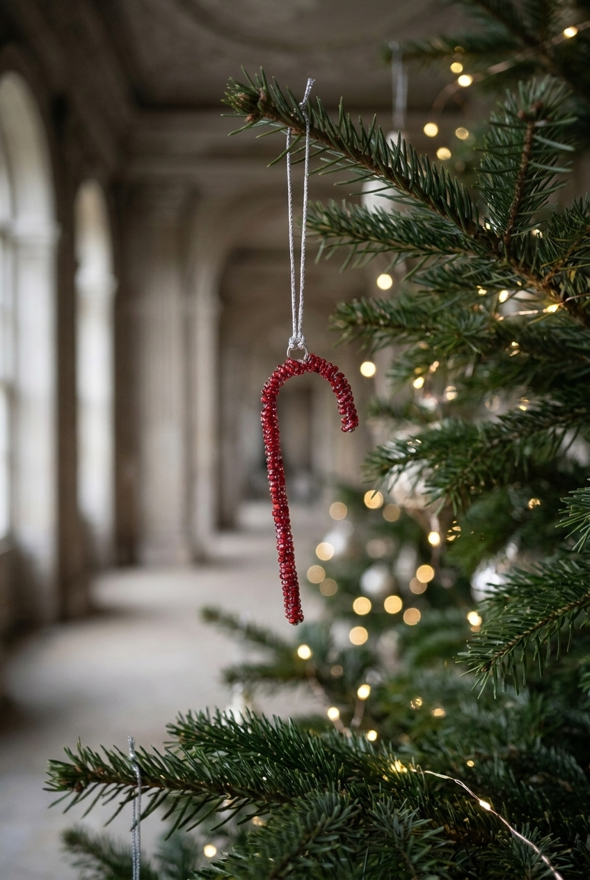 Sukkerstok med røde perler, der hænger dekorativt på et juletræ.