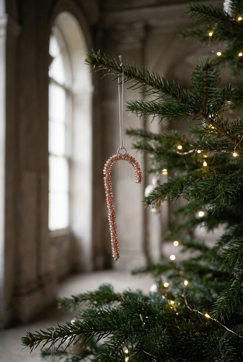 Rosa julestok lavet i perler, som hænger på et juletræ i en sølv snor.