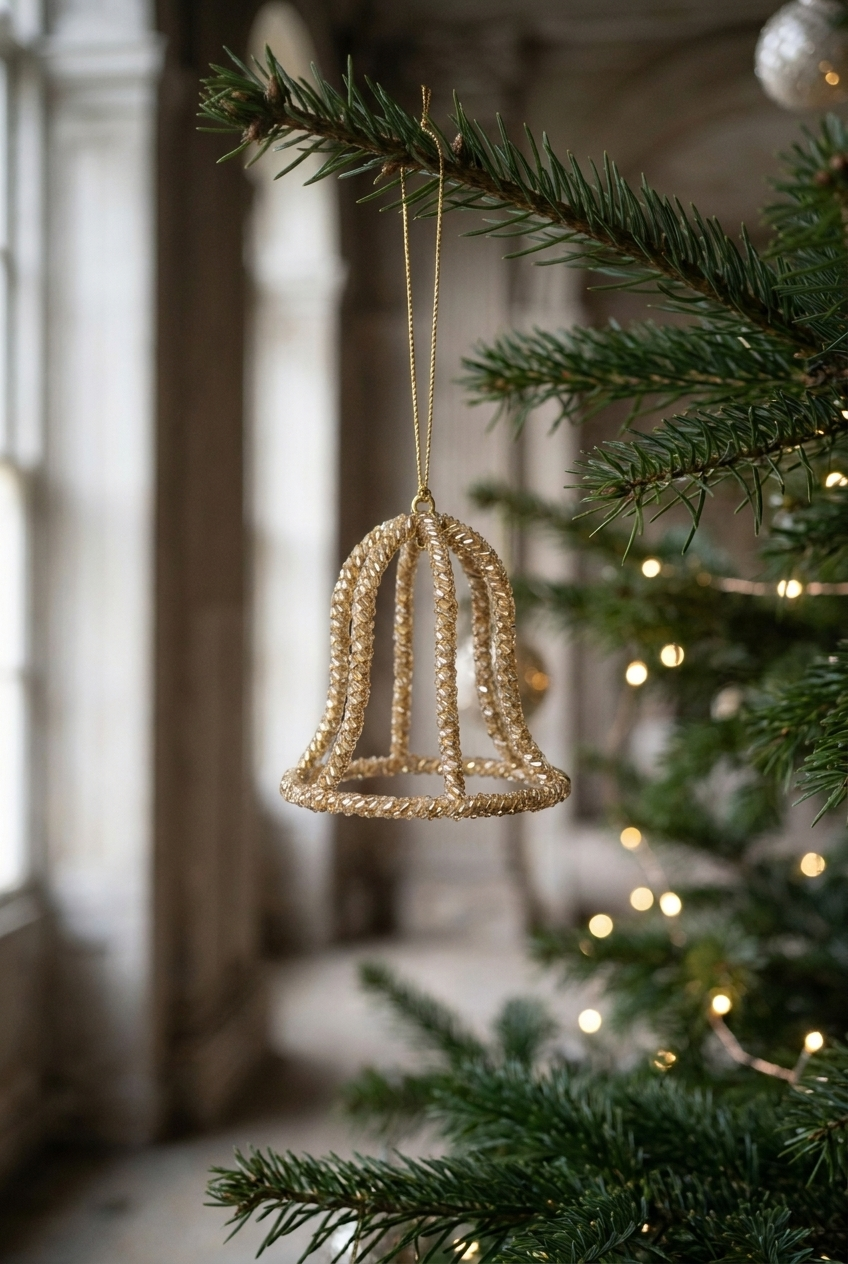 Hængende klokke af glasperler, der hænger på et juletræ. Klokken er guld.