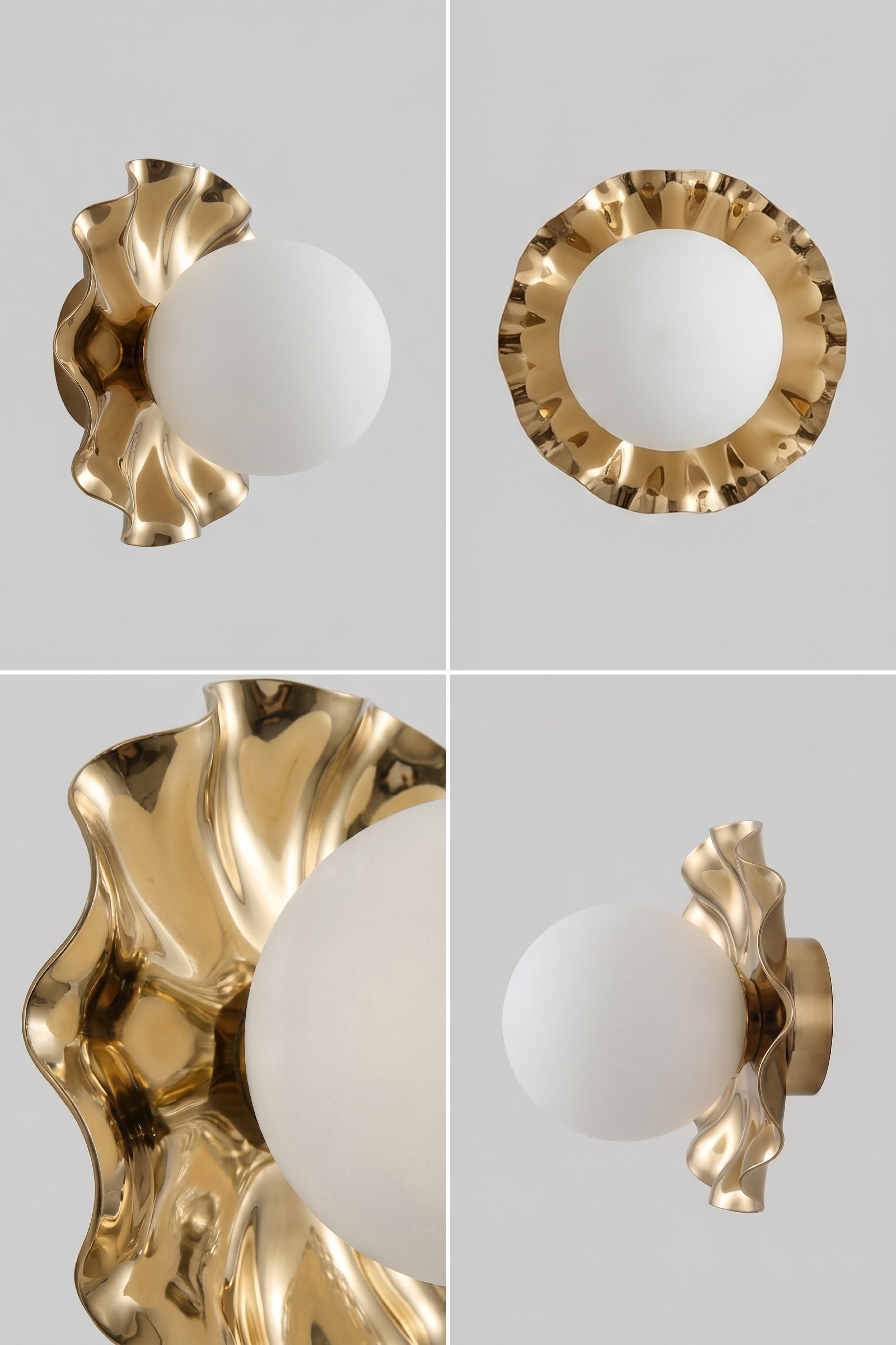 Lea lampen i gylden metal med opal glaskugle set fra flere vinkler.