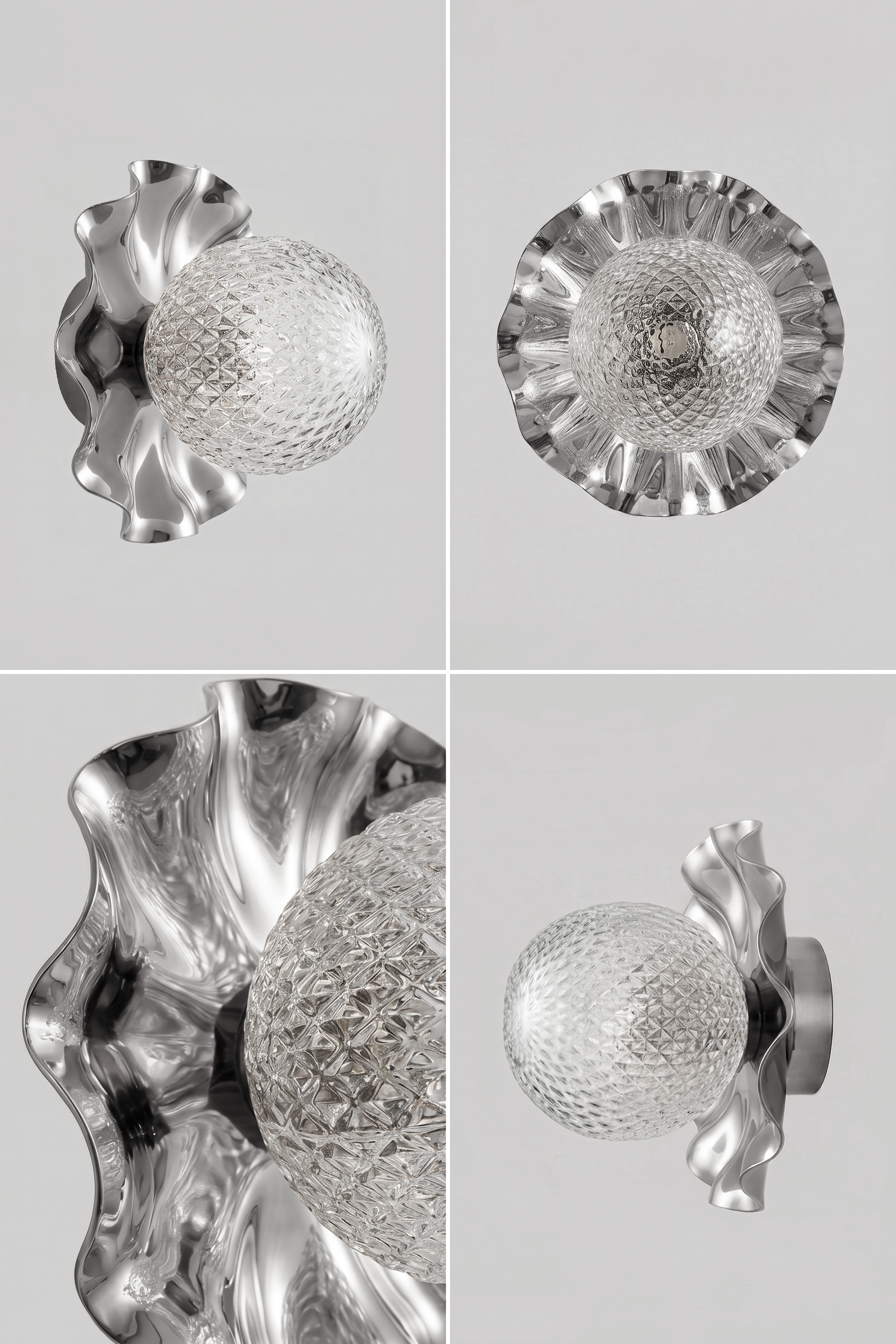 Lea lampen i chrome metal med klar glaskugle med harlequin mønster. Lampen ses fra forskellige vinkler.