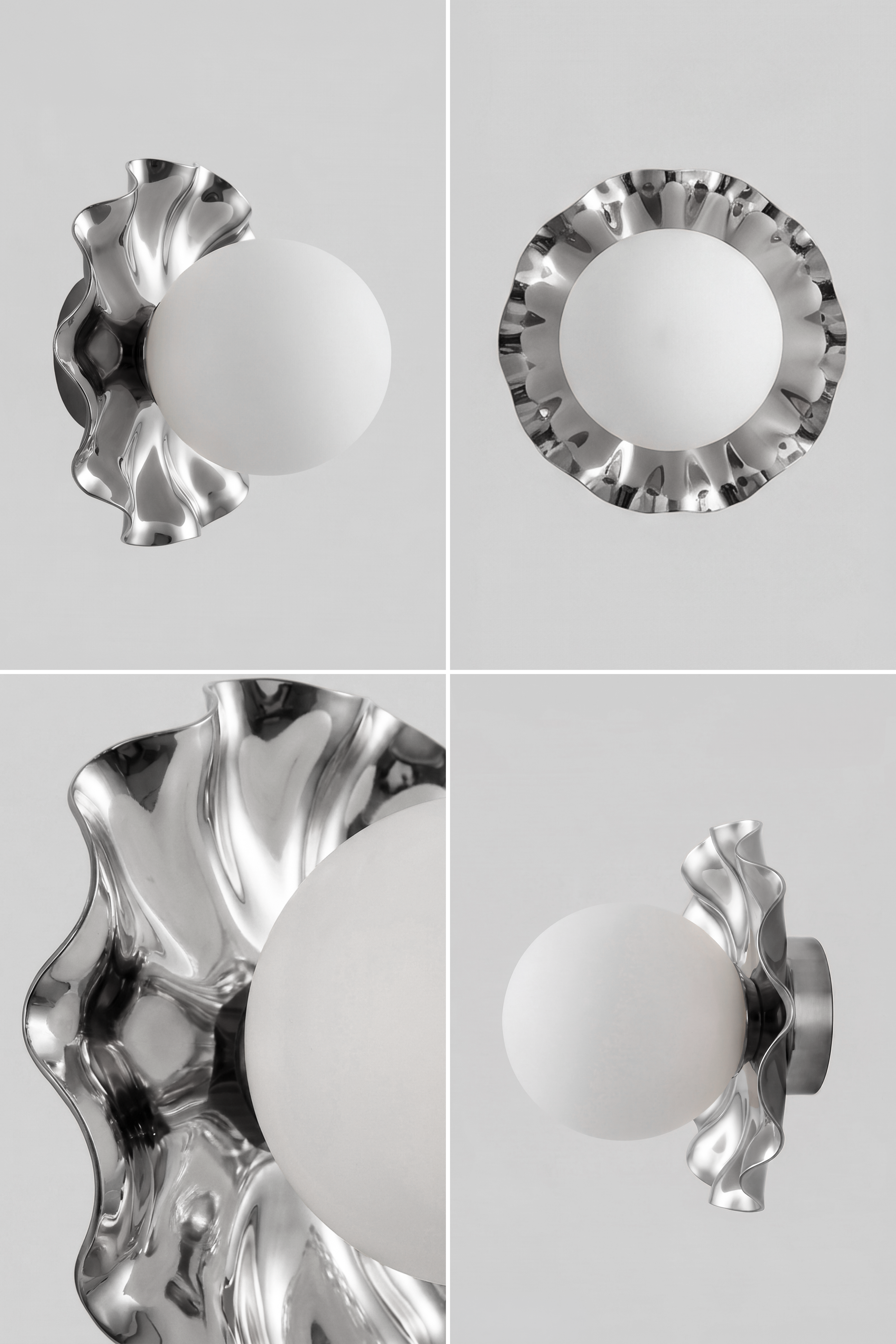 Lea lampen i chrome metal med opal glaskugle set fra forskellige vinkler. Lampen er fra Specktrum.