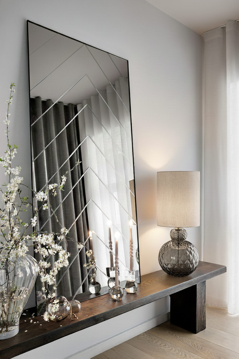 Lily bordlampen stylet på en bænk i entreen sammen med Herringbone spejlet og andre designs fra Specktrum.