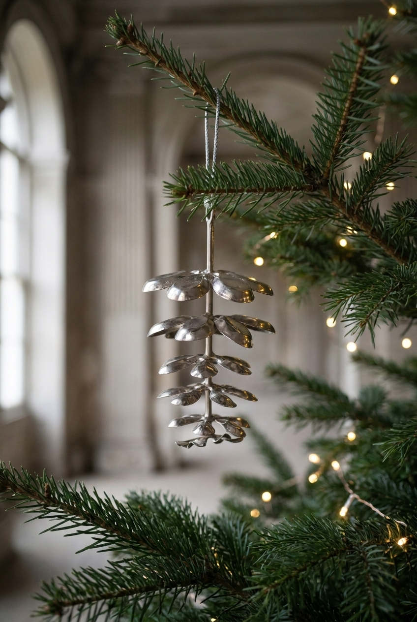 Lille metal grankogl ei sølv, der hænger på et juletræ.