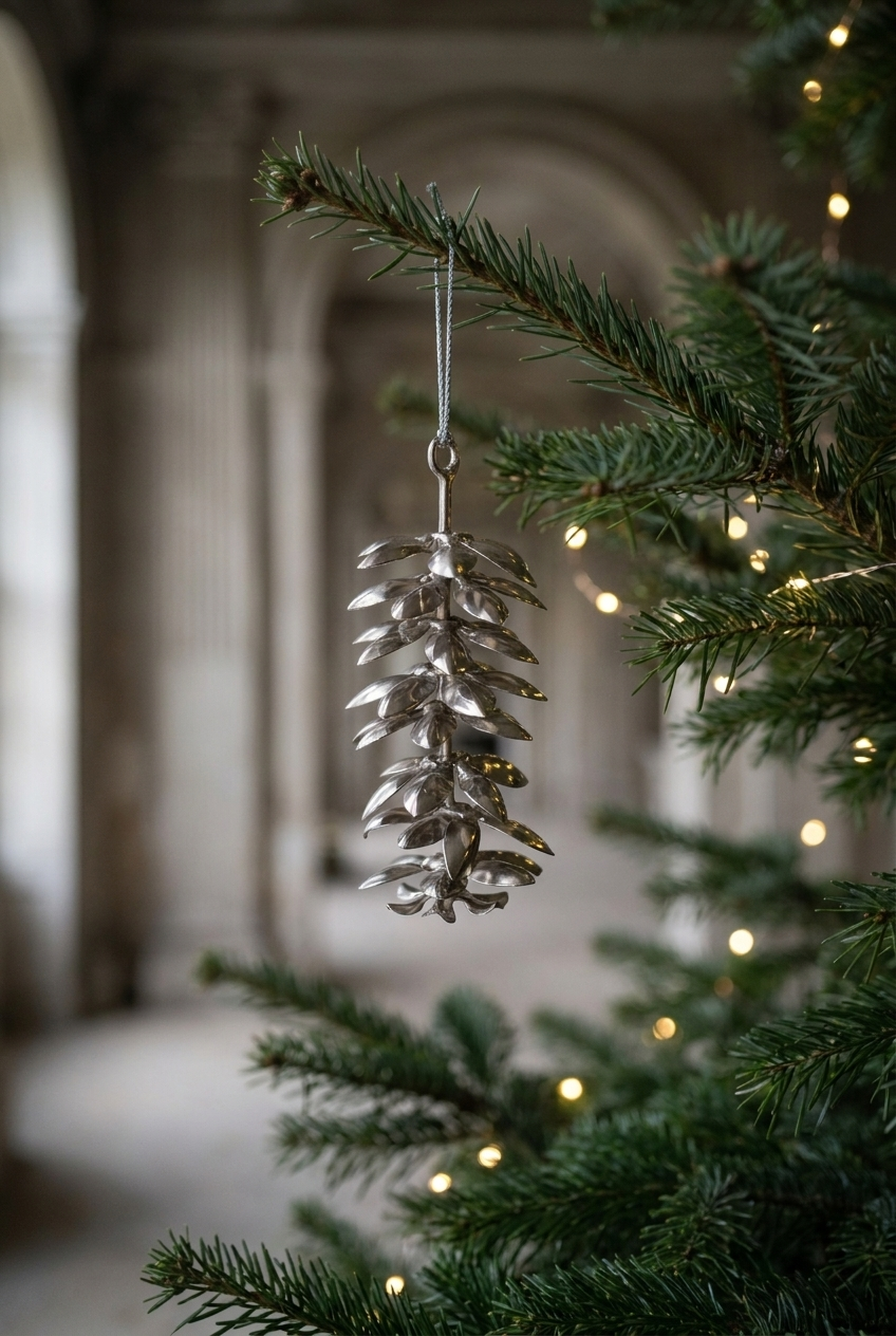 Metal grankogle i sølv med smukke detaljer. Koglen hænger på et juletræ.