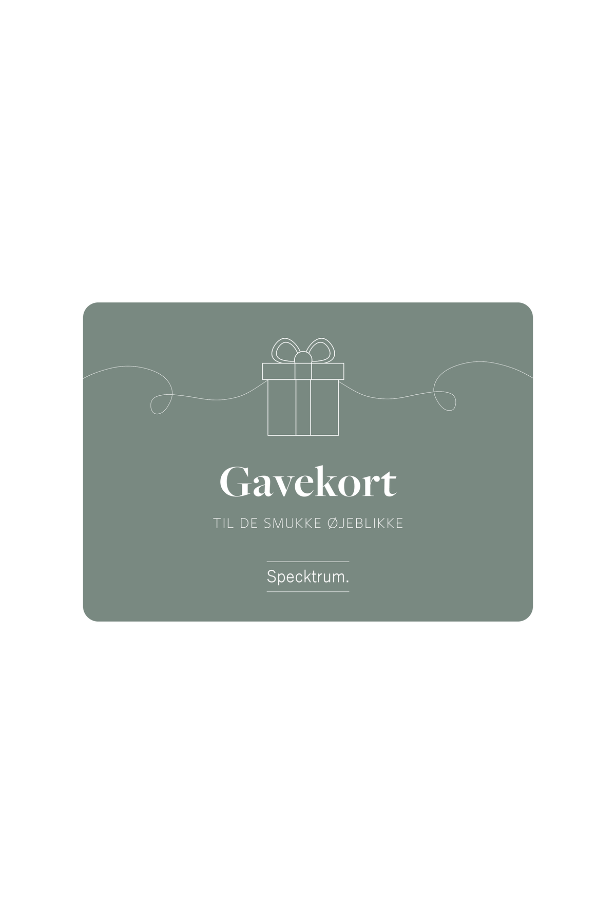 Grønt gavekort med hvid stregtegning af en gave med sløjfe. Teksten på kortet lyder: "Gavekort – til de smukke øjeblikke". Nederst står "Specktrum.