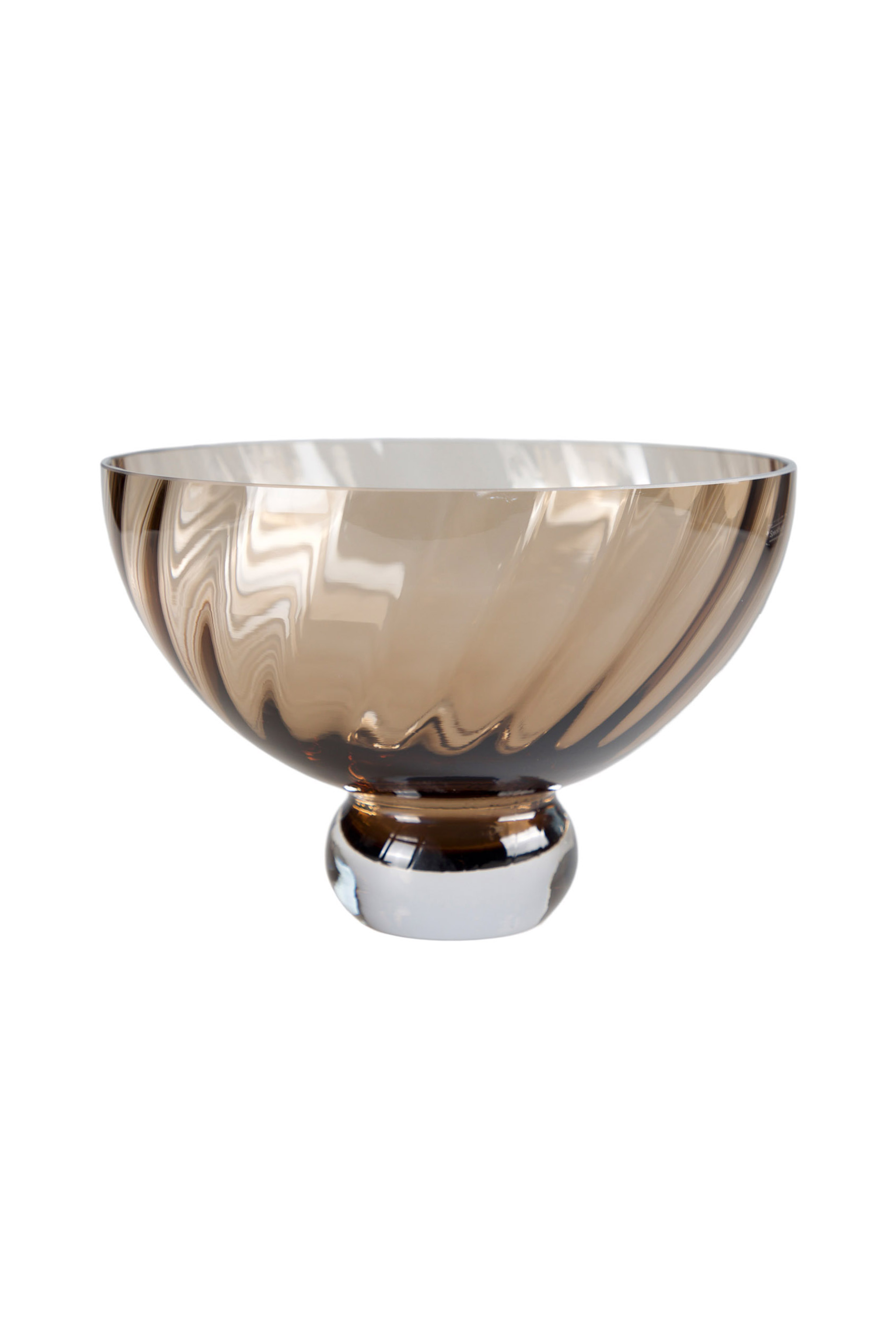 Elegant glasskål i røgfarvet glas med blank overflade og rund, klar fod.