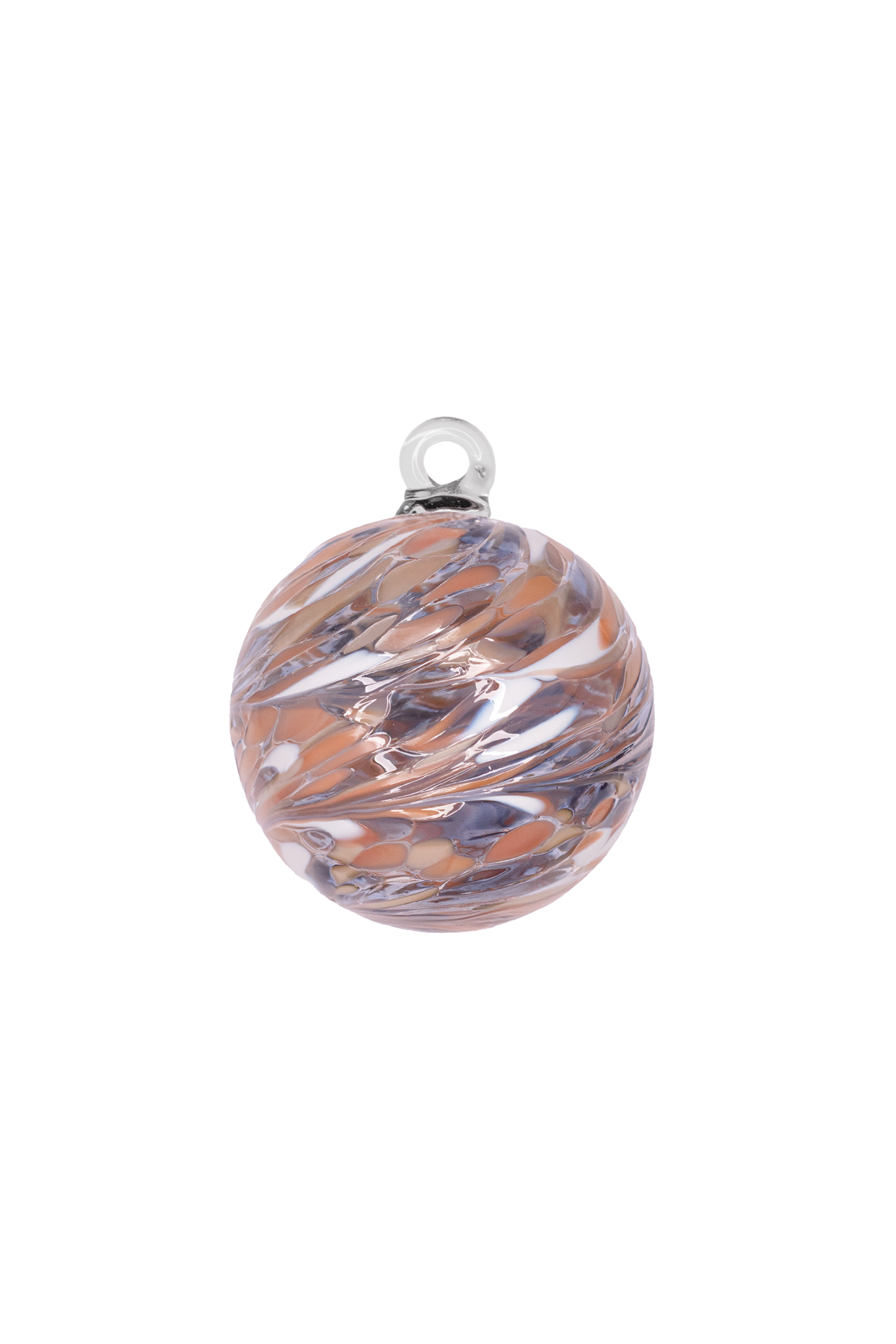 Mundblæst glaskugle i lyserøde og lilla nuancer.