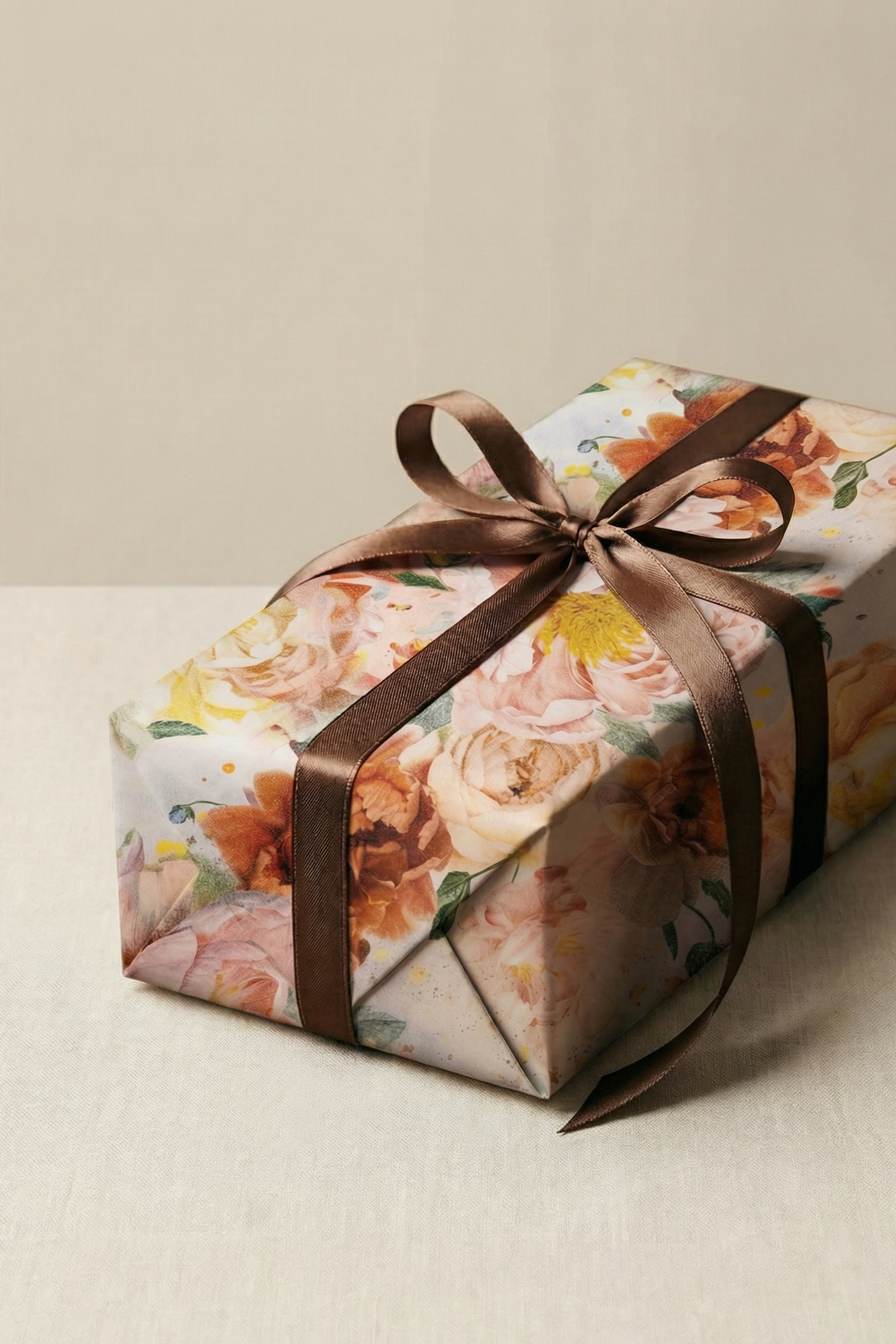 Gave pakket ind i blomstret Specktrum gavepapir i varme nuancer.