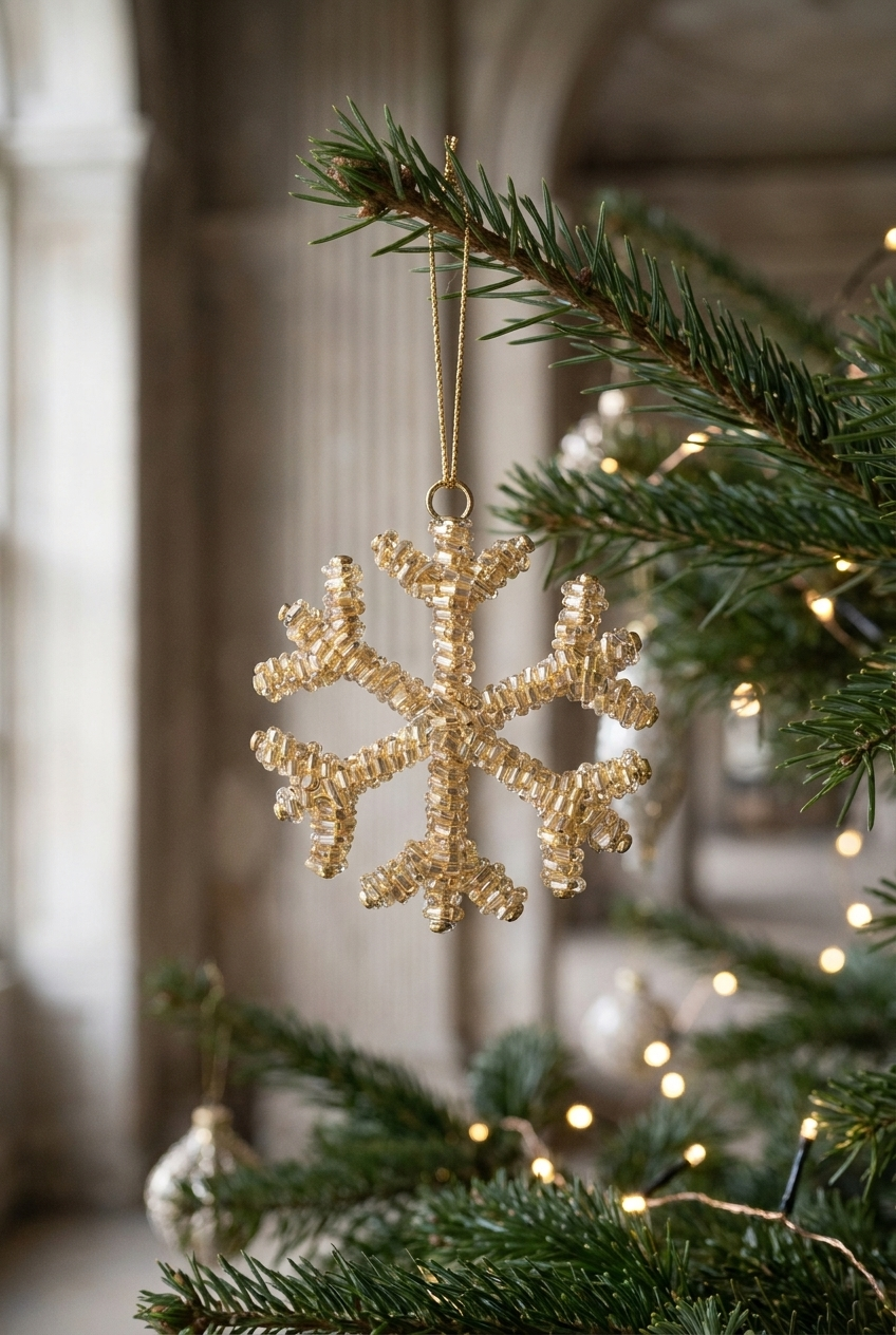 Ophæng til juletræ, der ligner et snefnug i guld perler.