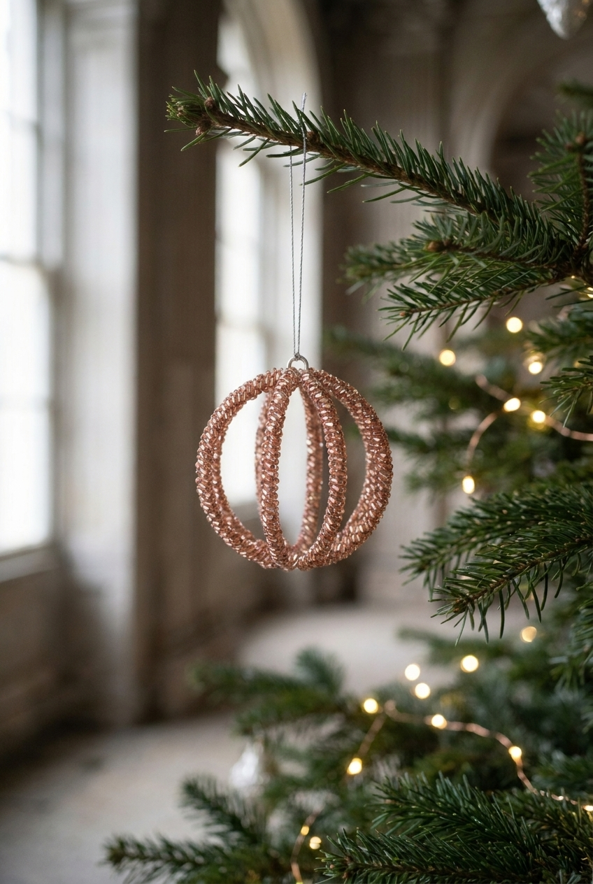Juletræ pyntet med julekugler. Julekuglen er lavet i rosa glas perler og er luftig.