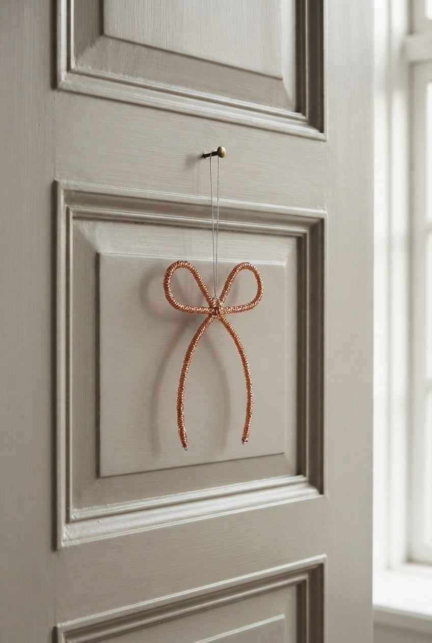 Stor, hængende sløjfe ornament i rosa glasperler. Sløjfen hænger på en dør som dekorativt element.