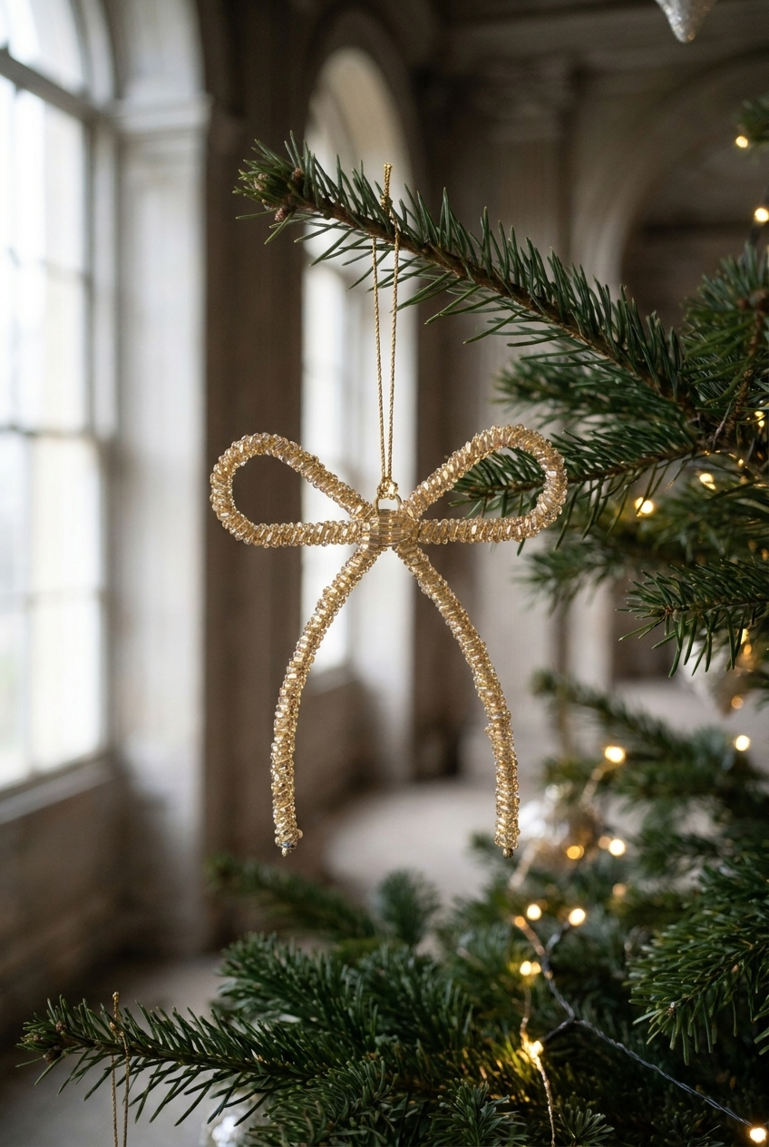 Ophæng formet som en sløjfe. Sløjfen er lavet i guld glas perler, og hænger på et juletræ.
