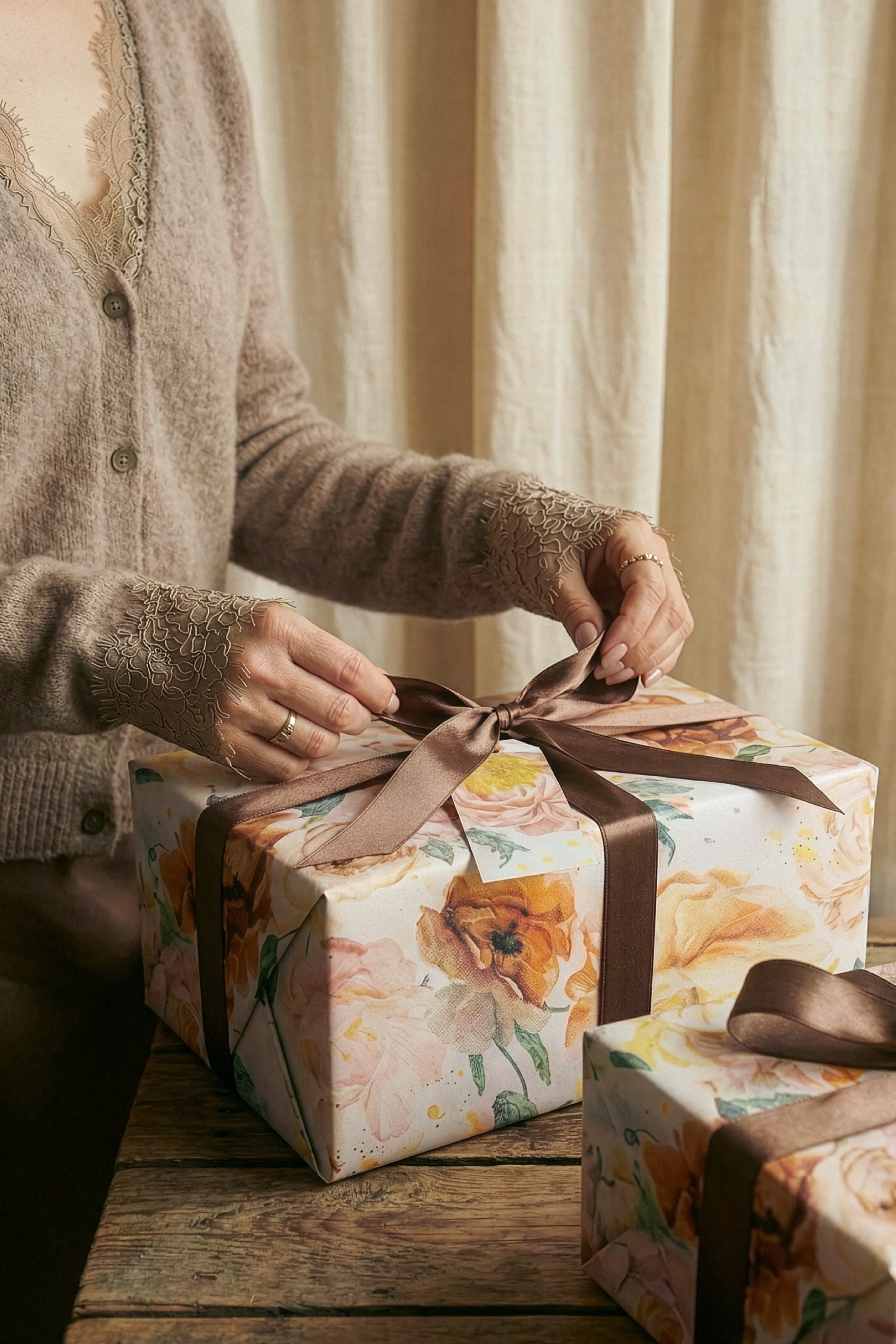 Kvinde, der pakker en gave ind i Specktrums gavepapir med blomster.