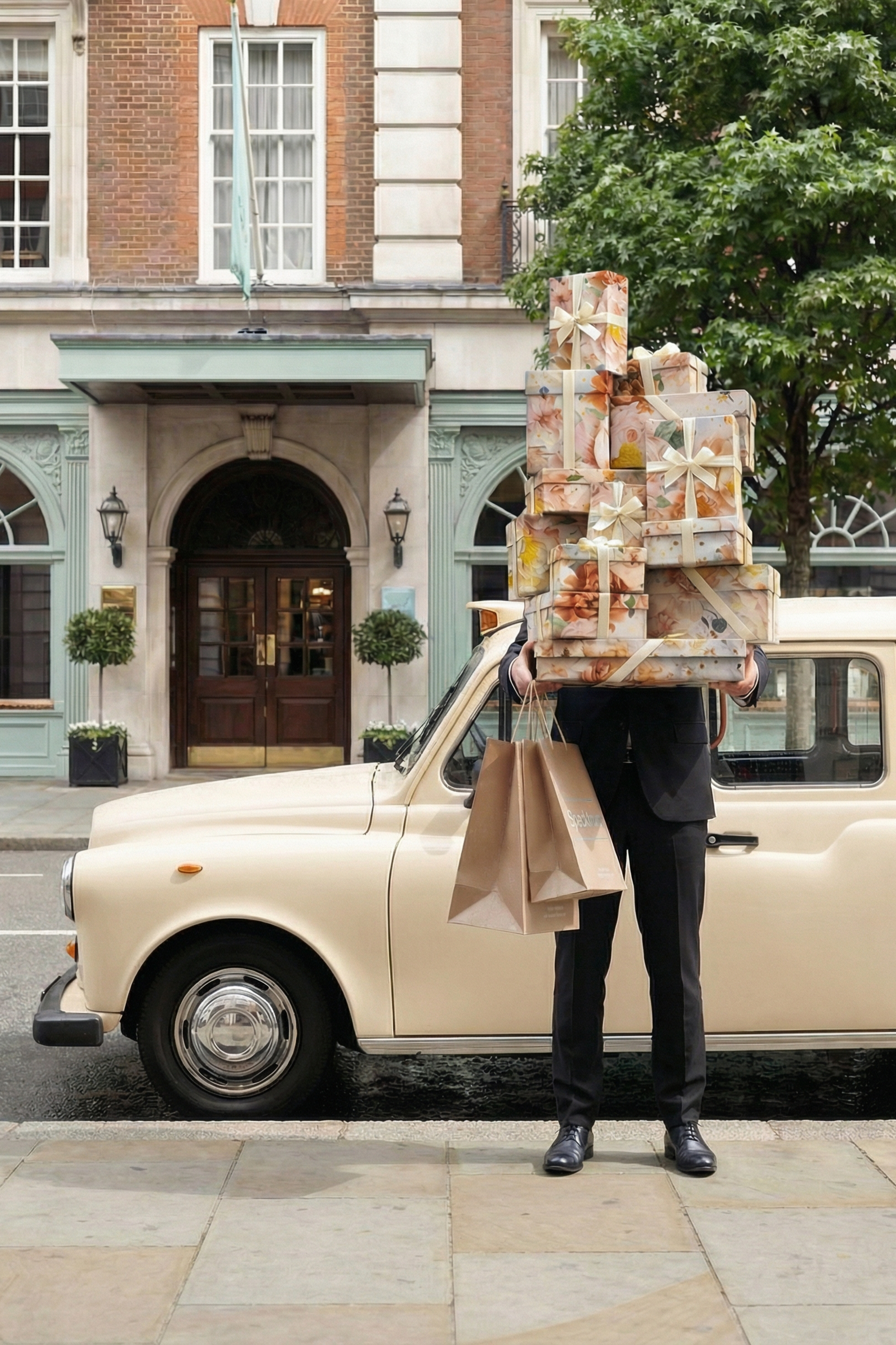 Gavestak pakket ind i blomstret Specktrum gavepapir i varme nuancer.