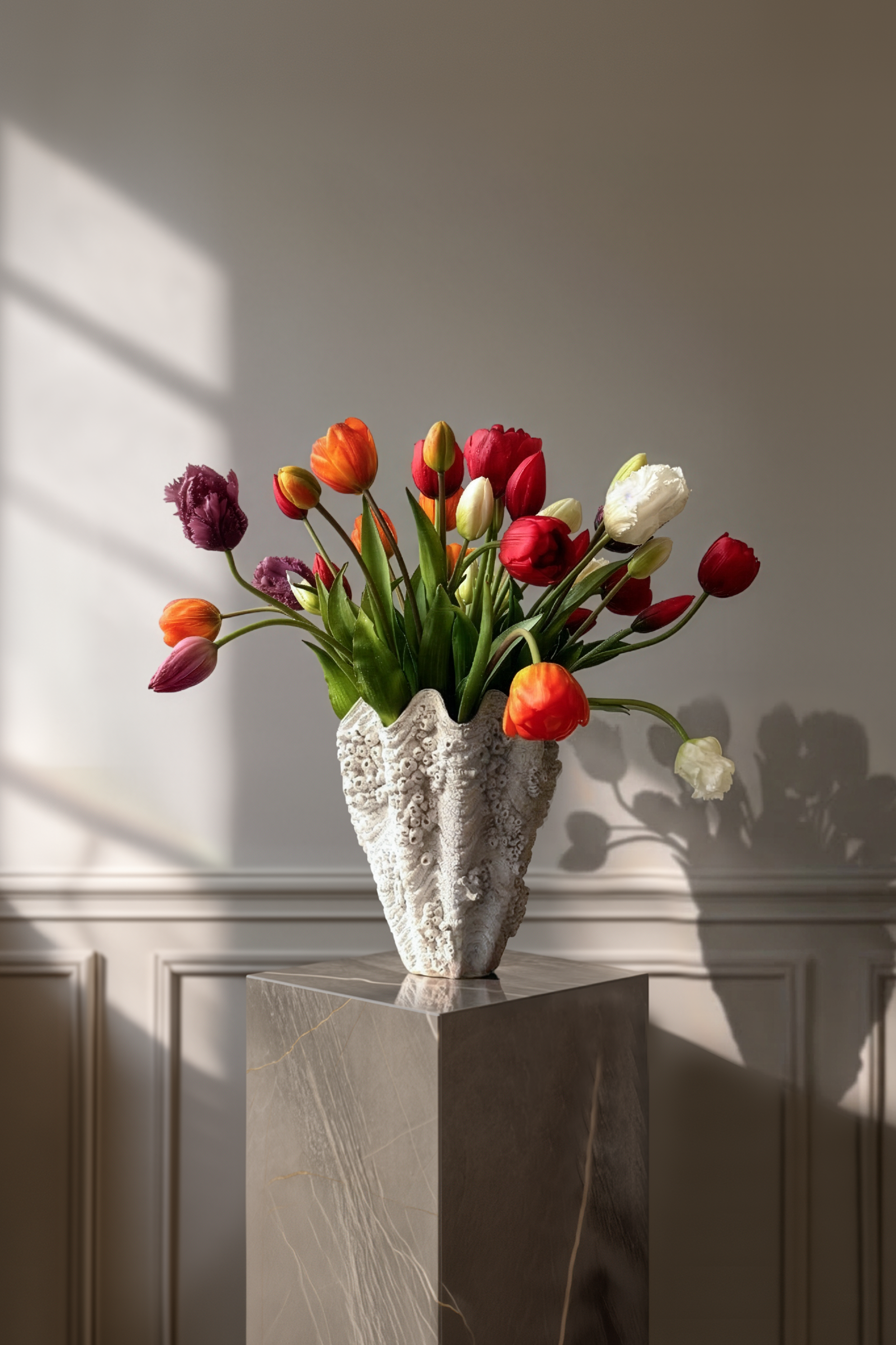 Tulipan buket i mange farver. Buketten har røde, orange, hvide og lilla farver, der spiller flot sammen. Flotte og naturtro kunstige blomster fra Specktrum.