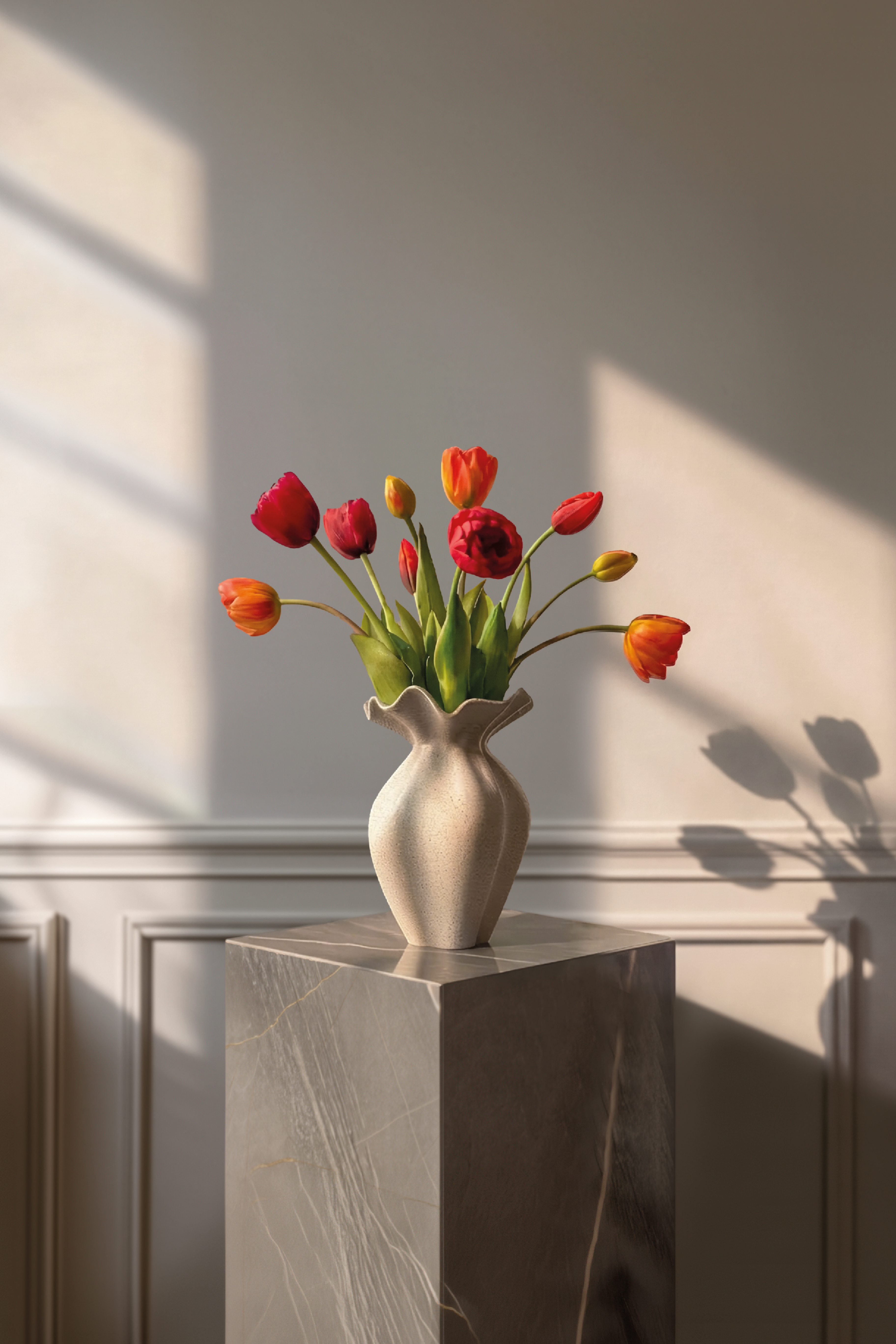 Tulipan buket i varme farver, som rød og orange. Buketten er stylet i den organiske keramik vase, Nellie, fra Specktrum.