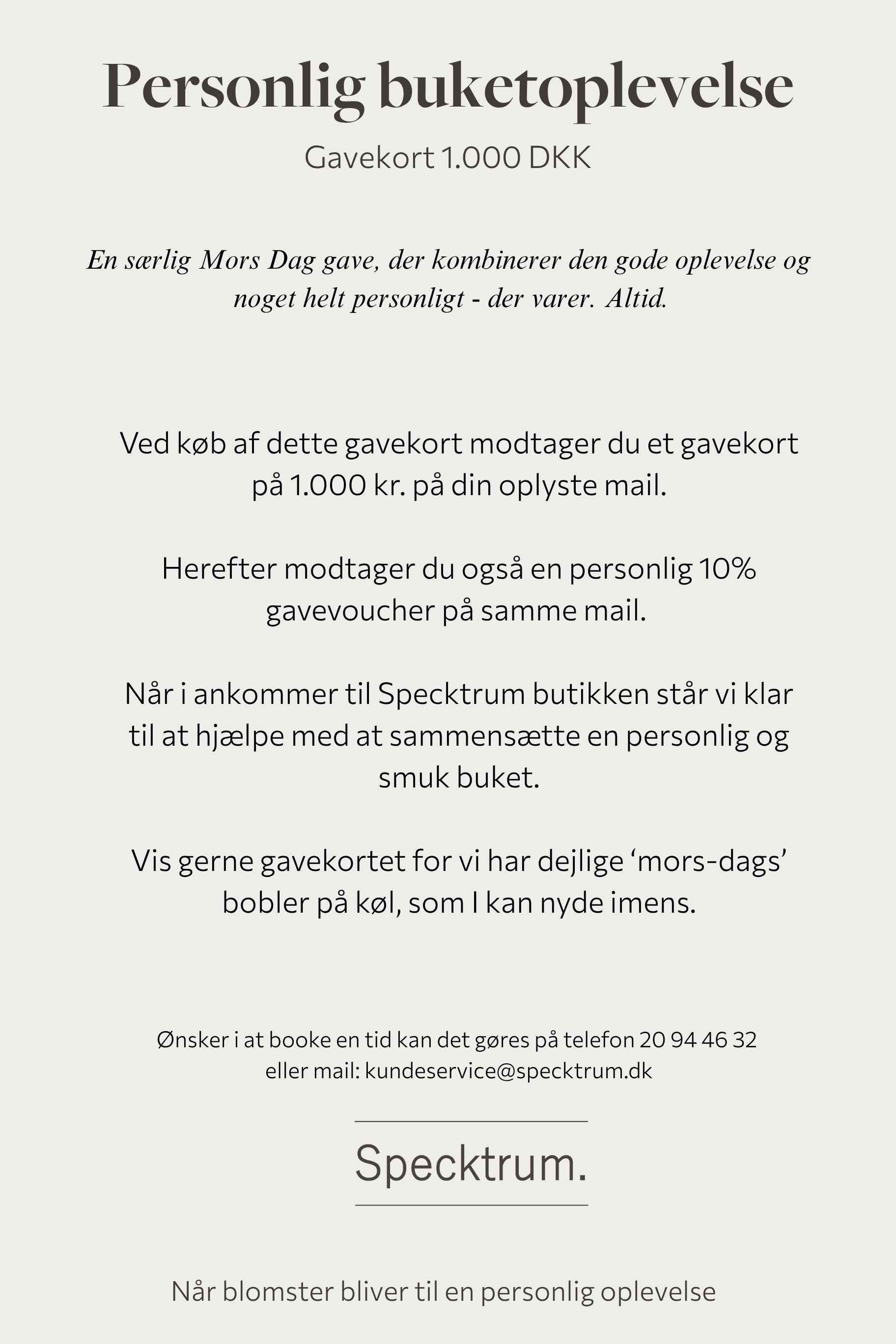 Mors Dag gavekort 1.000kr. – Personlig buketoplevelse hos Specktrum