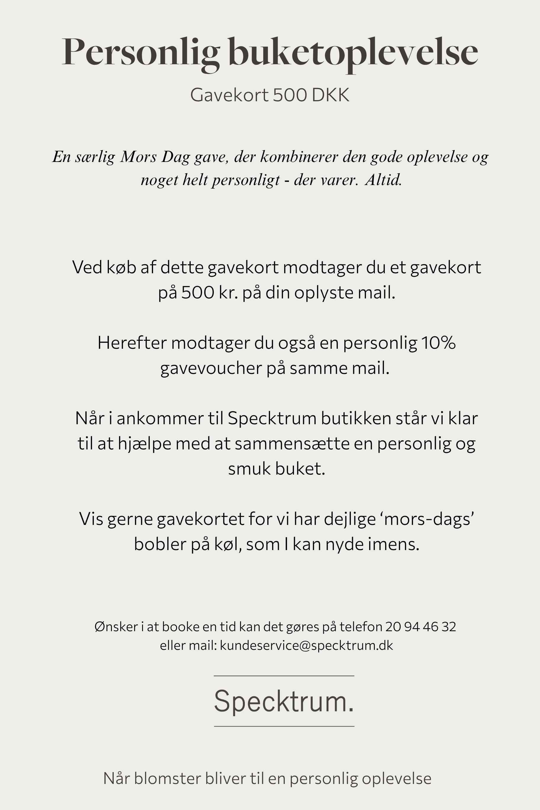 Mors Dag gavekort 500kr. – Personlig buketoplevelse hos Specktrum