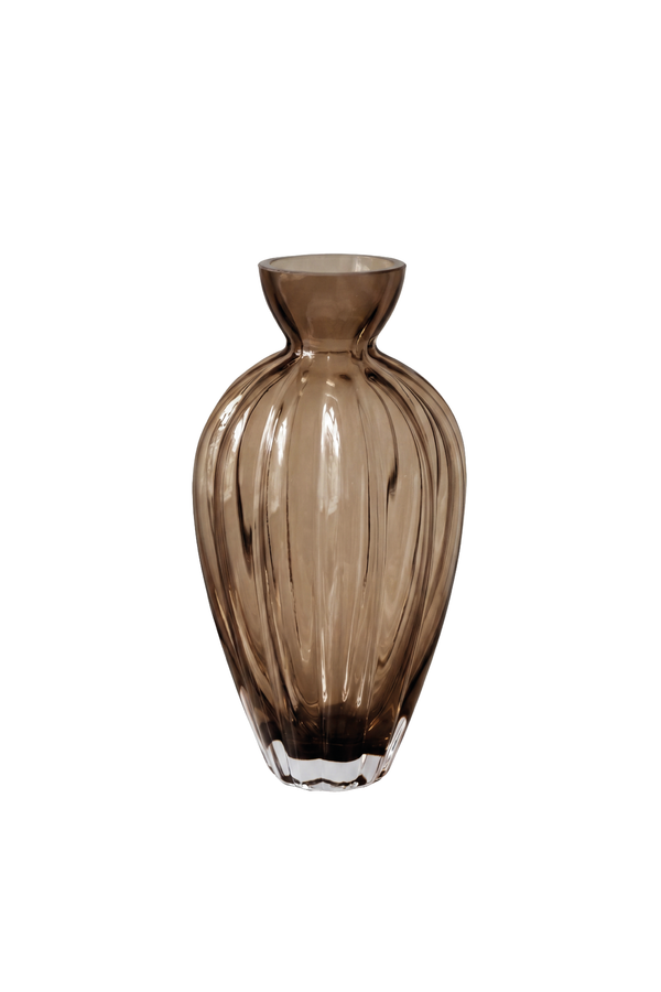 Glas kareffel/vase, der kan anvendes både som vase eller som karaffel. Vaen/karaflen er lavet i brunt krystalglas.