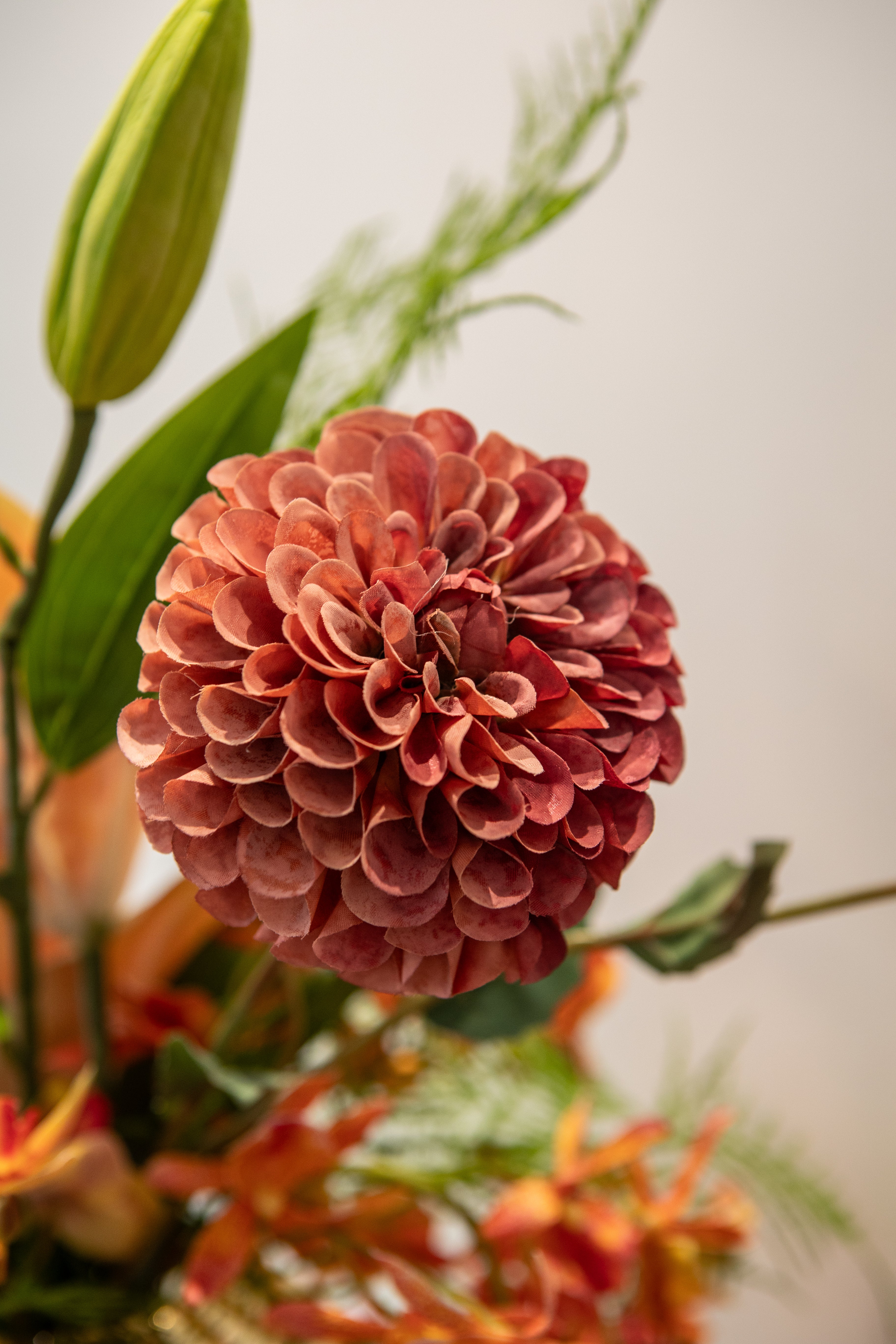 Nær billede en dahlia i farven sunset i en farverig buket.