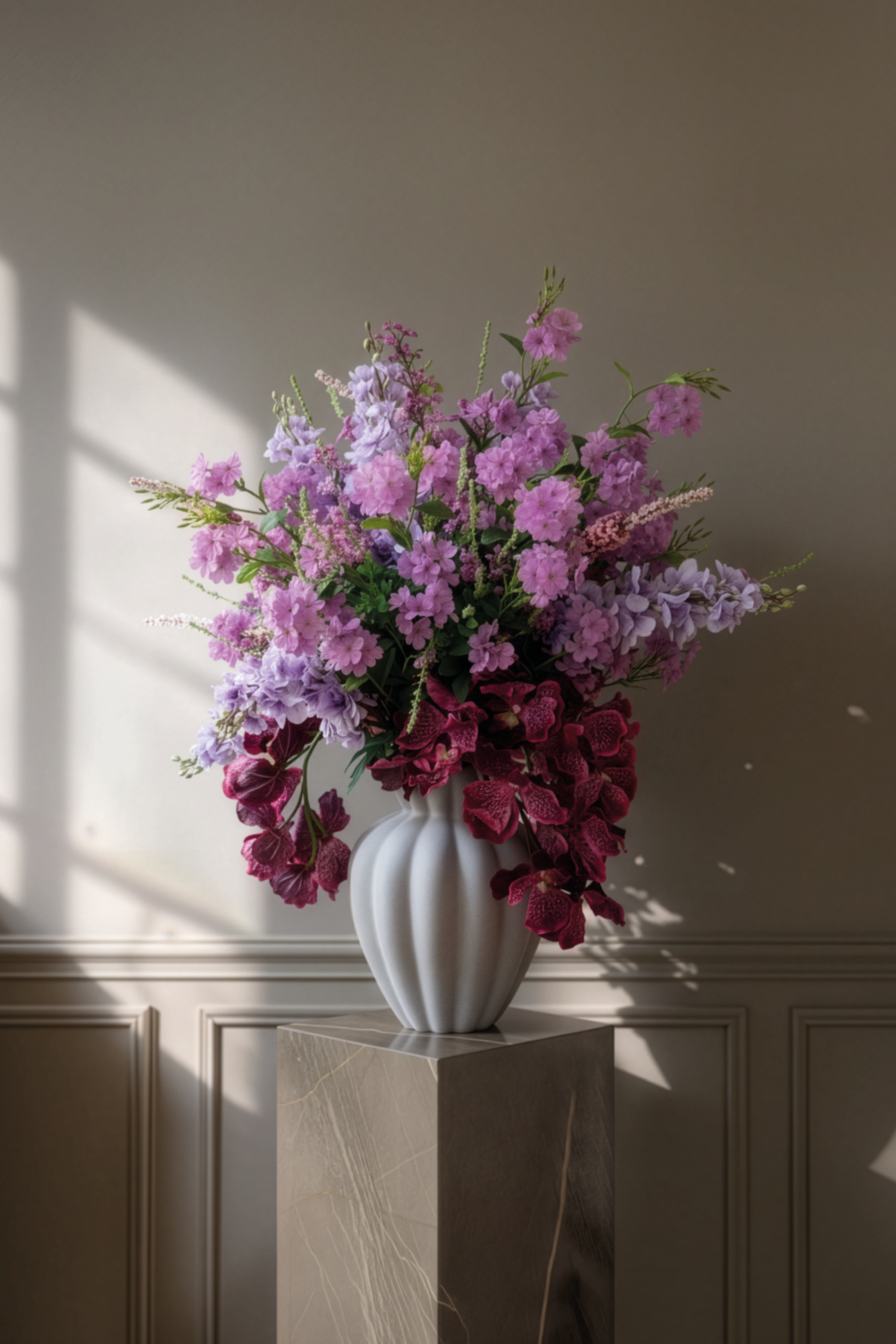 Ekstraordinær buket med lilla og lyserøde nuancer.