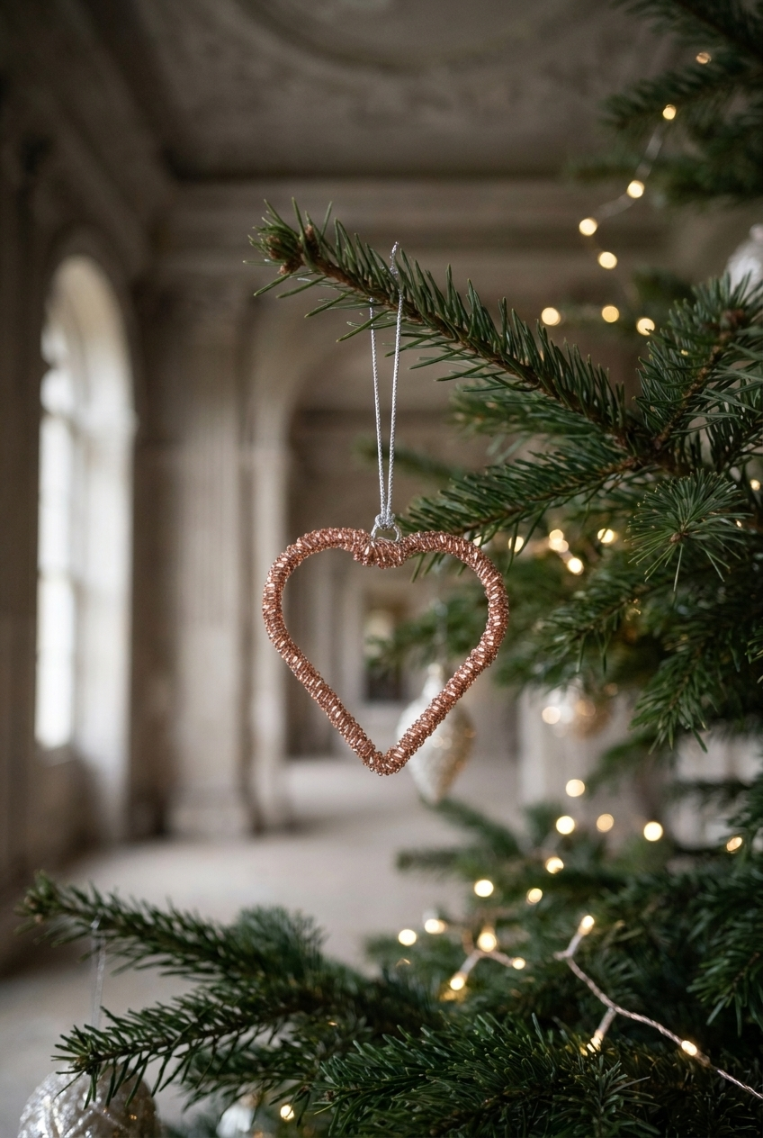 Rosa hjerte lavet i perler, der fungerer som et ophæng på et juletræ.