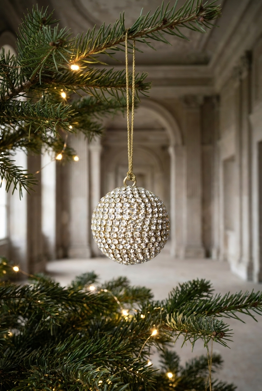 Lille julekugle dækket med rhinsten. Kuglen er guld og hænger i en guld snor på et juletræ.