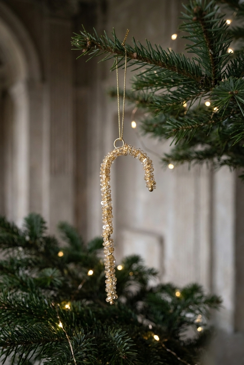 Julestok inspireret af en sukkerstok lavet i guld perler. Den hænger på et juletræ.
