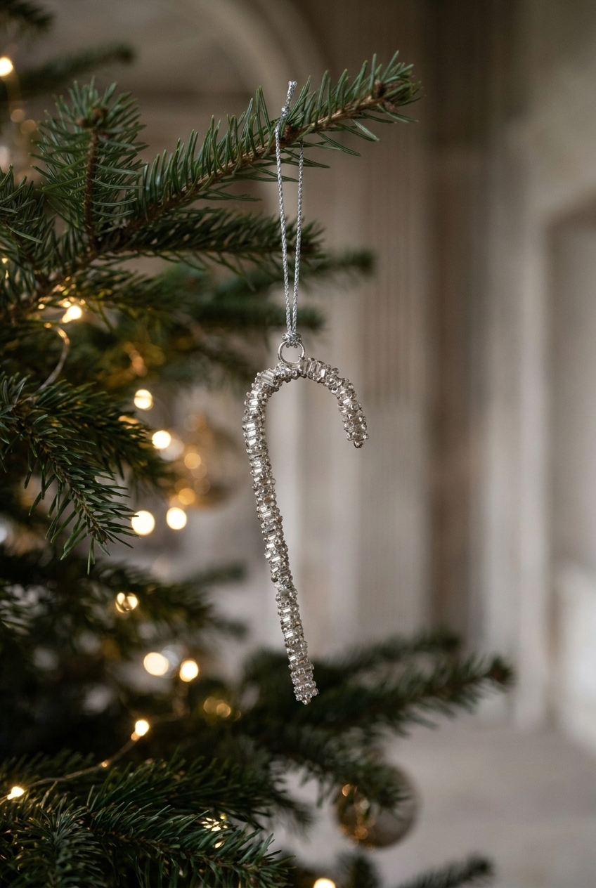 Sukkerstok til ophæng på juletræ. Julestokken er lavet i sølv glas perler.
