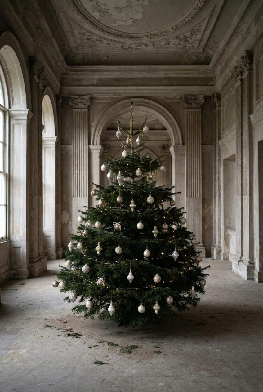 Eksklusivt juletræ i gammel bygning. Juletræet er pyntet med blandede julekugler fra Specktrum.