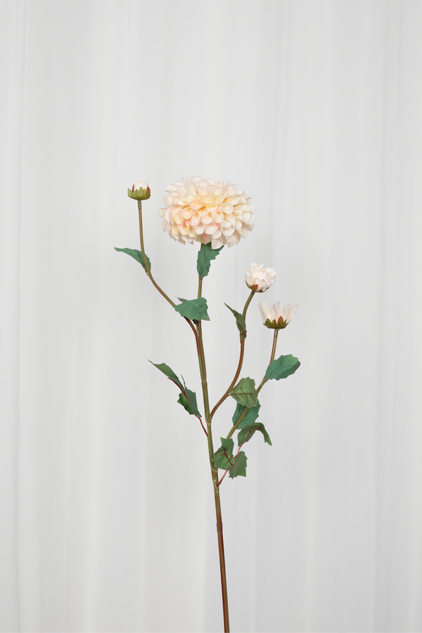 Kunstig dahlia blomst i en creme hvid farve med grønne blade. 