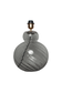 Bordlampe i gråtonet glas med buet, rund form og spiralformet mønster i overfladen. Lampen har en messingfarvet fatning og sort topstykke til montering af pære.