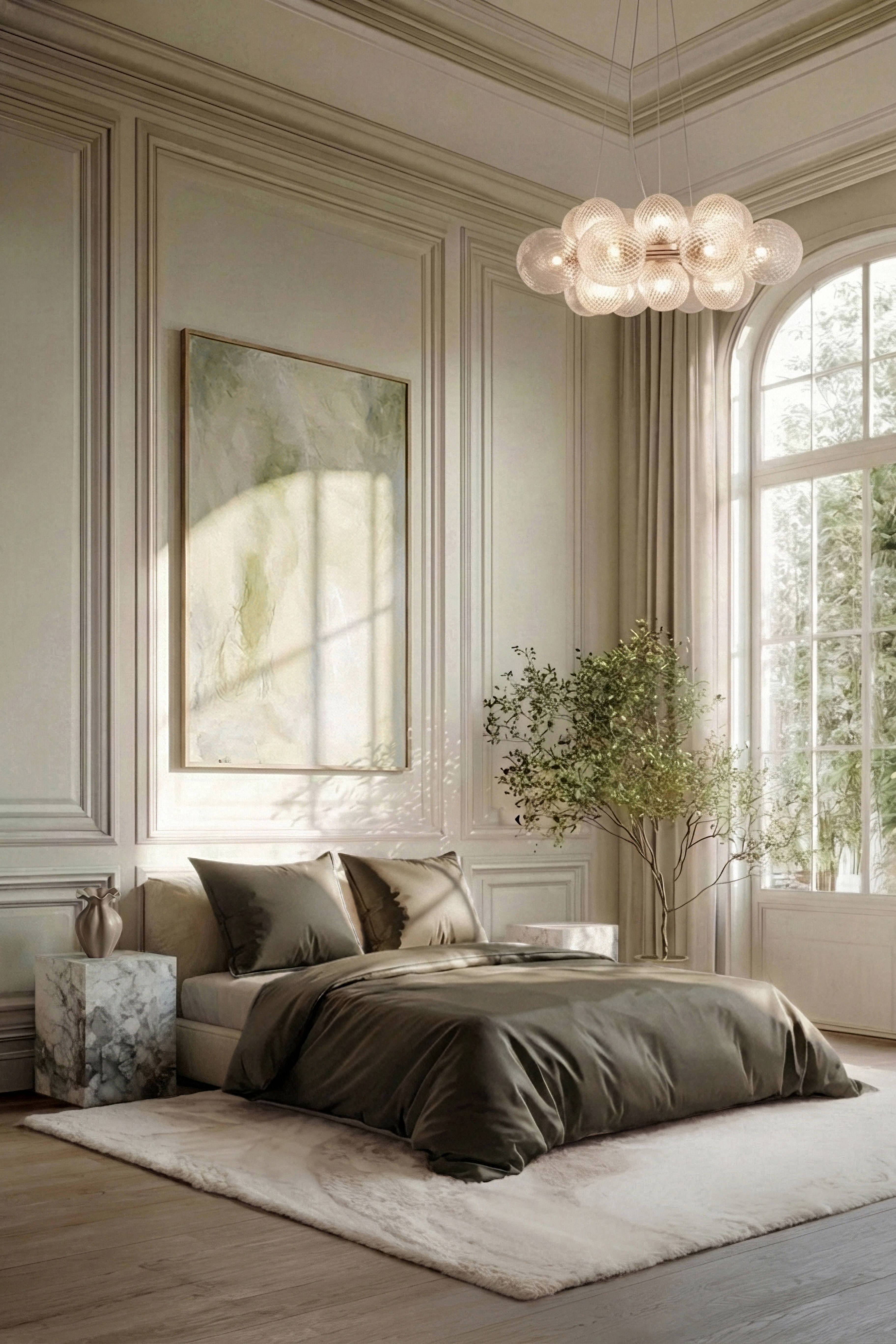 Eksklusivt soveværelse med Liva lysekronen hængende ned fra det høje loft. Soveværelset er stylet med marmor sengeborde og et blødt Adalyn gulvtæppe i sandfarvet under en opredt seng med brun/grønt sengetøj.