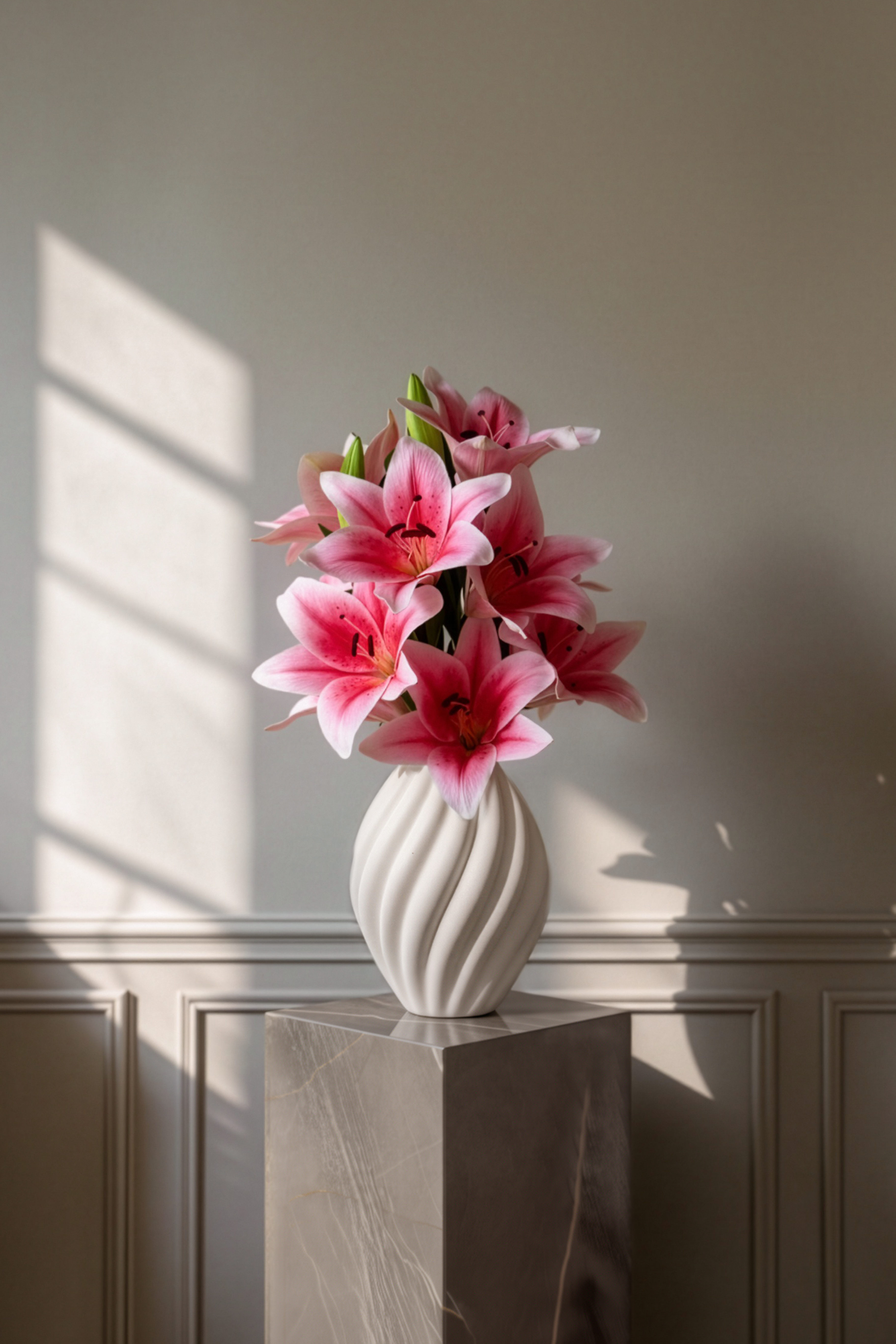 Buket af liljer i lyserøde nuancer. 