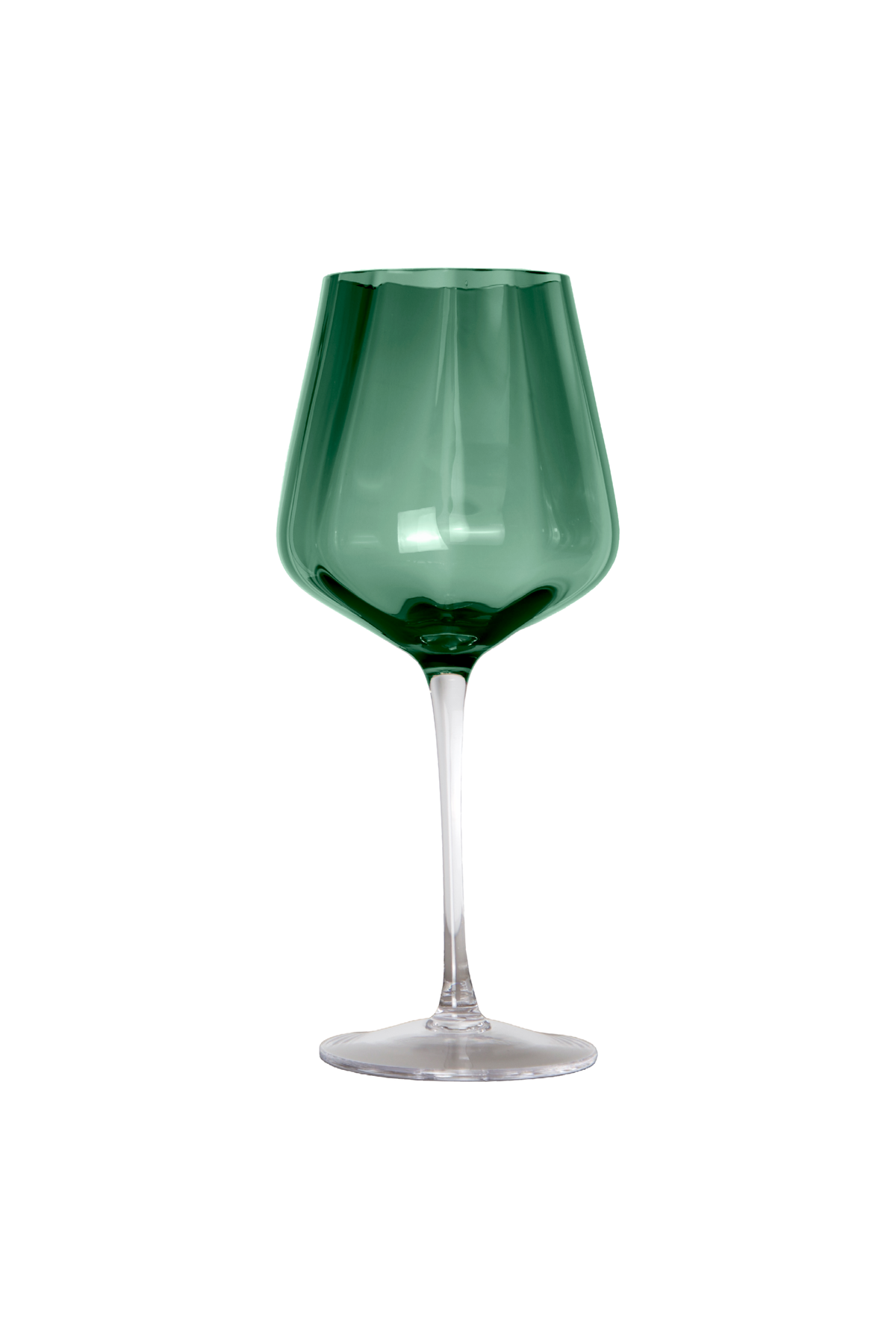 Produktbillede af et Meadow vinglas i grøn glasfarve. Glasset har en bred bowle, en slank stilk og en rund fod. Billedet er taget mod en hvid baggrund.