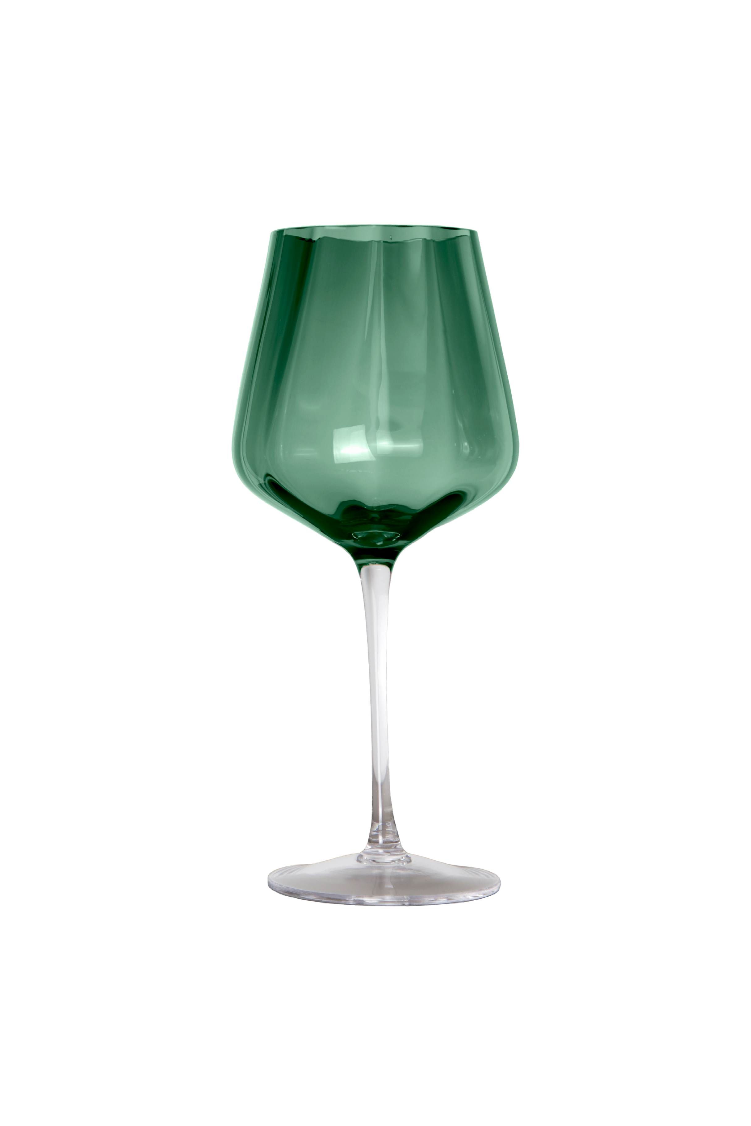 Produktbillede af et Meadow vinglas i grøn glasfarve. Glasset har en bred bowle, en slank stilk og en rund fod. Billedet er taget mod en hvid baggrund.