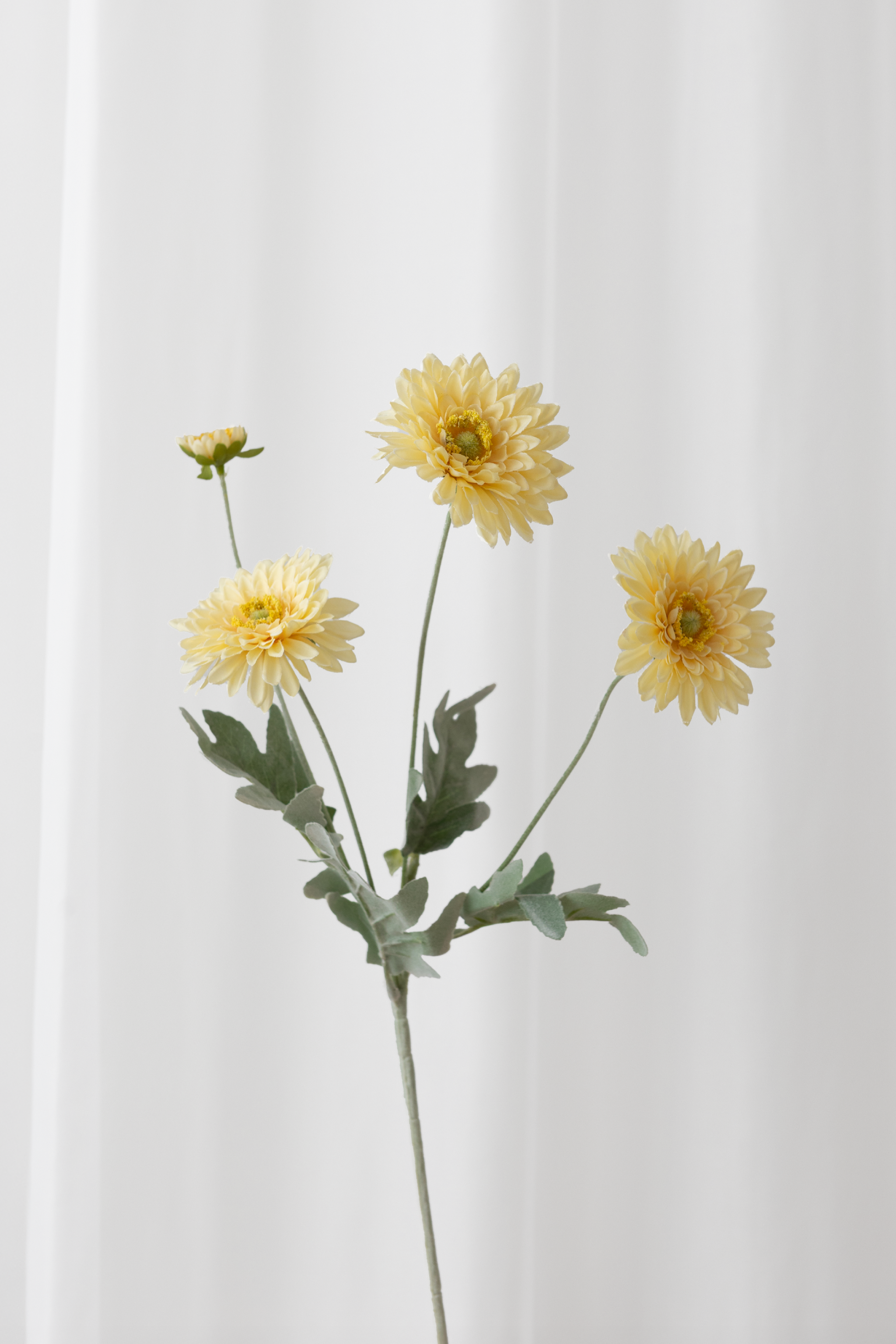 Naturtro kunstig daisy med 4 hoveder med gule blomster og grønne blade med høj detaljegrad. 
