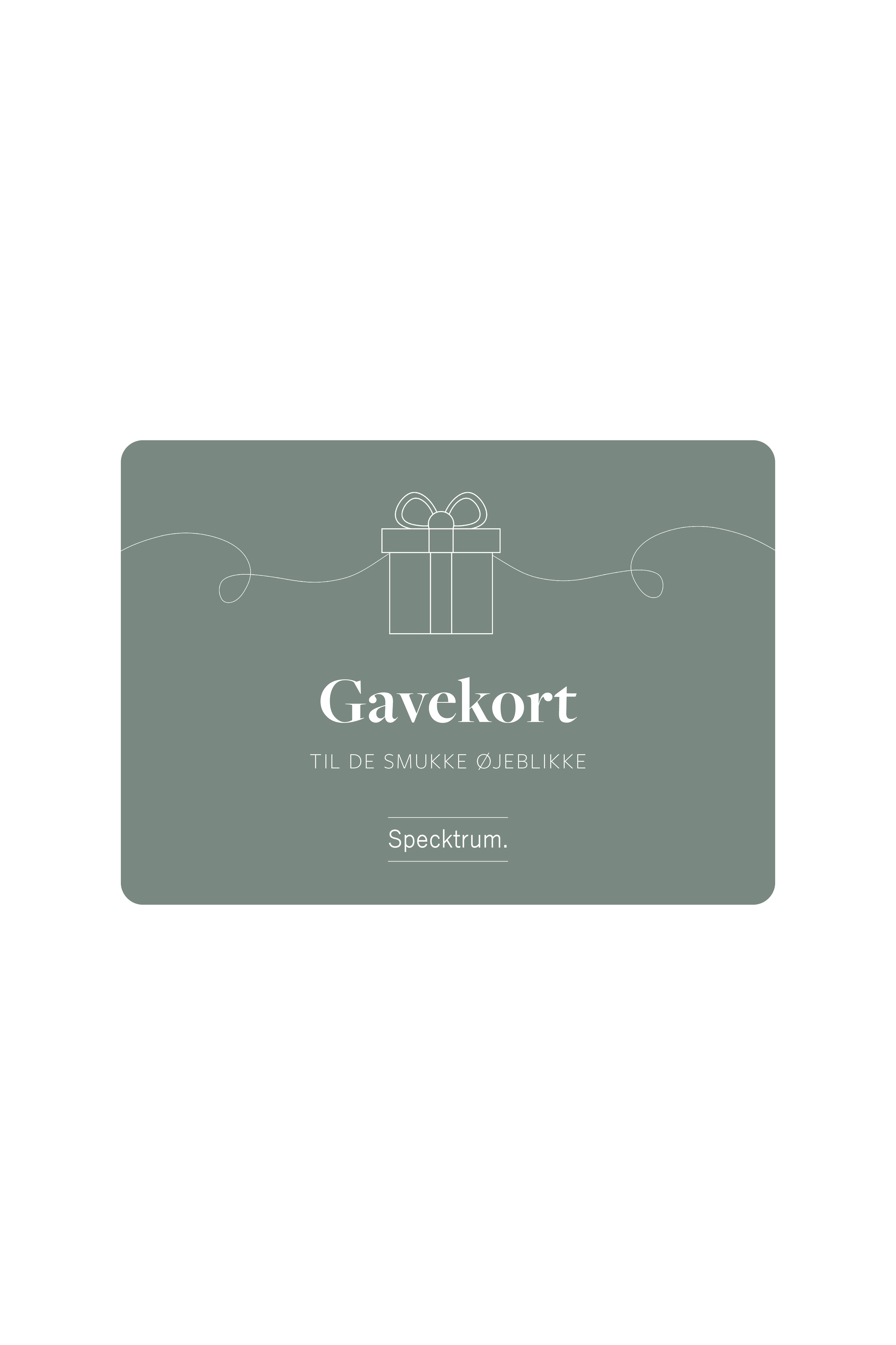 Grønt gavekort med hvid stregtegning af en gave med sløjfe. Teksten på kortet lyder: "Gavekort – til de smukke øjeblikke". Nederst står "Specktrum.