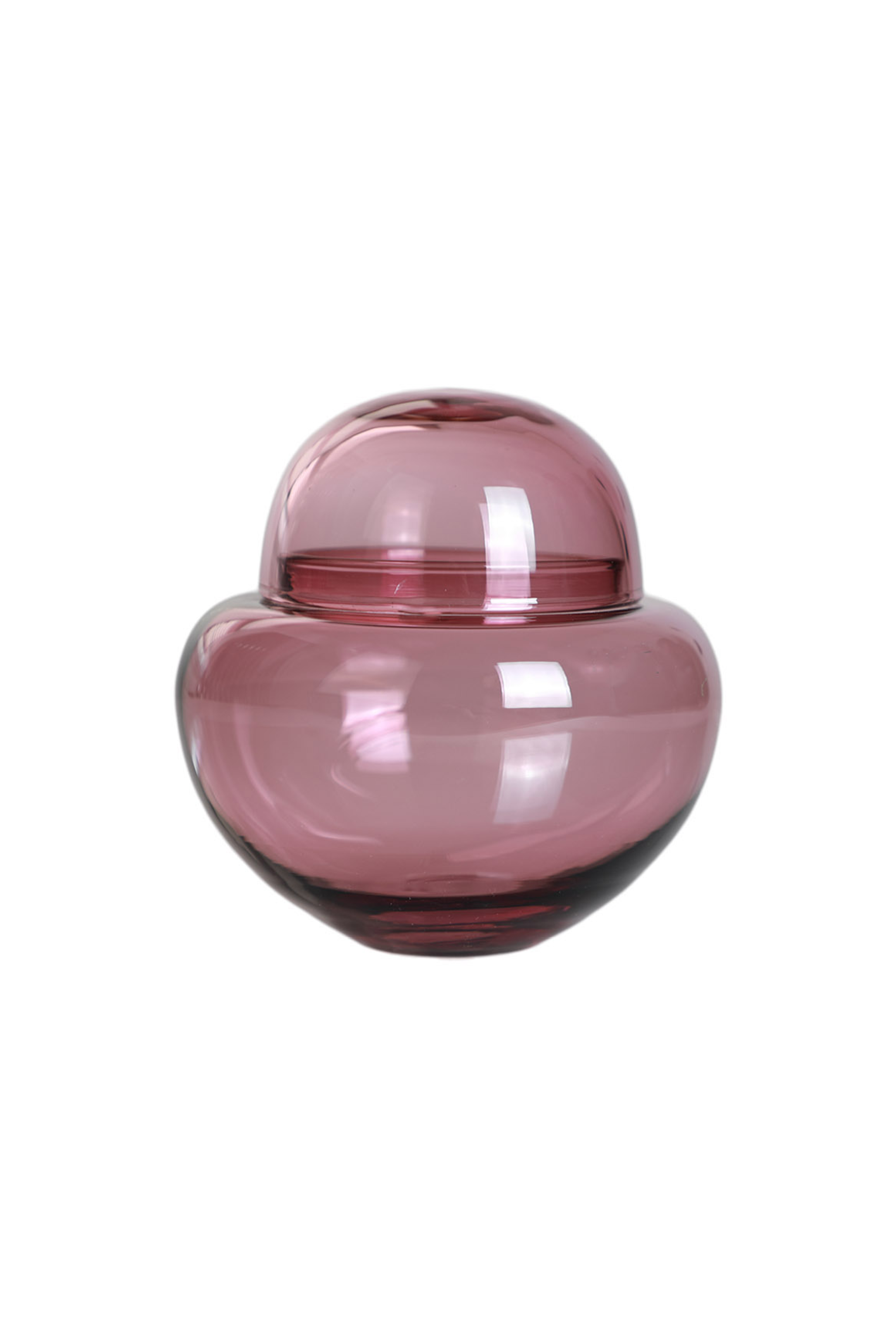 Rosa glasbonbonniere med låg, lavet i mundblæst glas med rund form og blank overflade, vist mod en hvid baggrund.